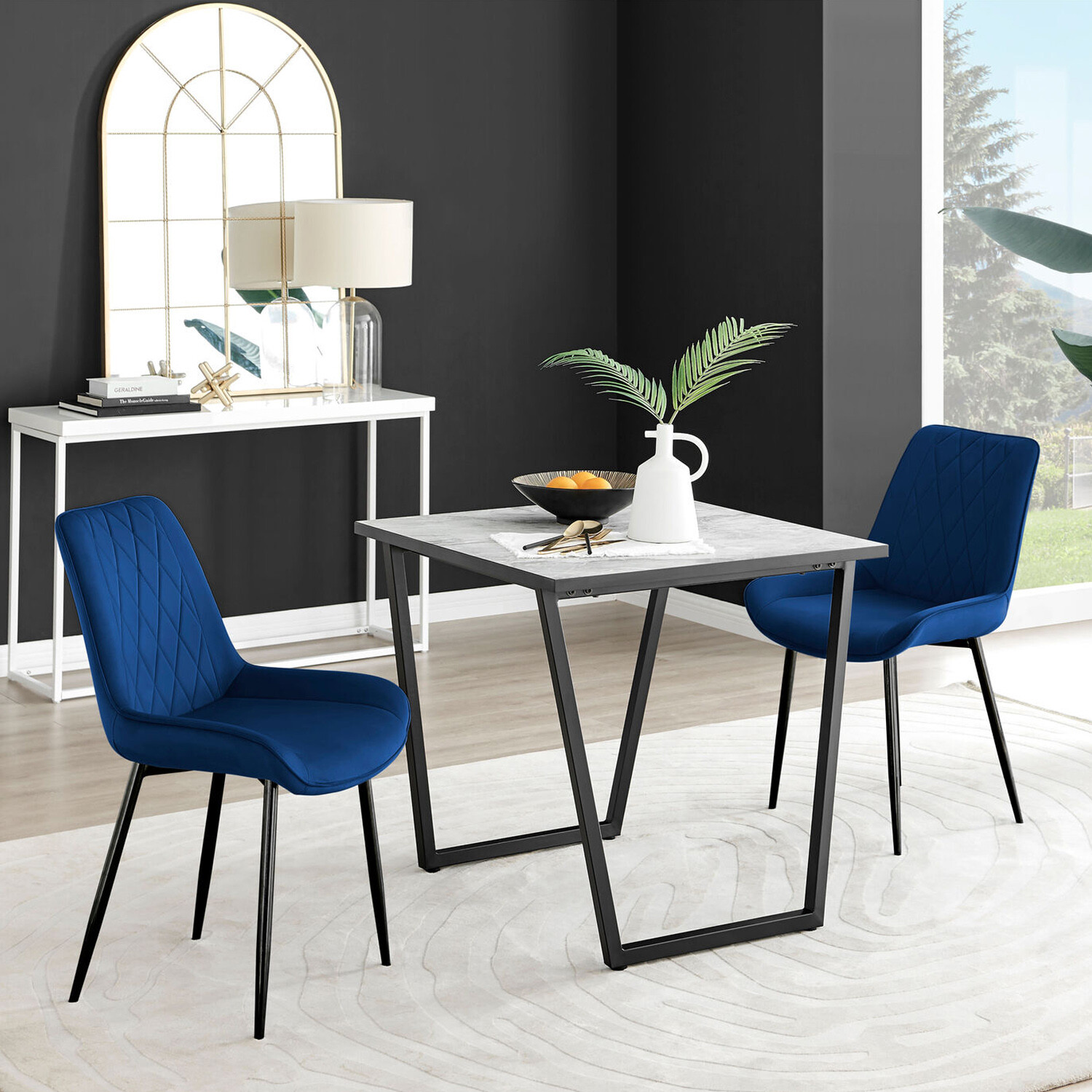Furnitureboxuk Carson White Marble Effect Square Dining Table And 2 Pesaro Black Leg Chairs - Navy