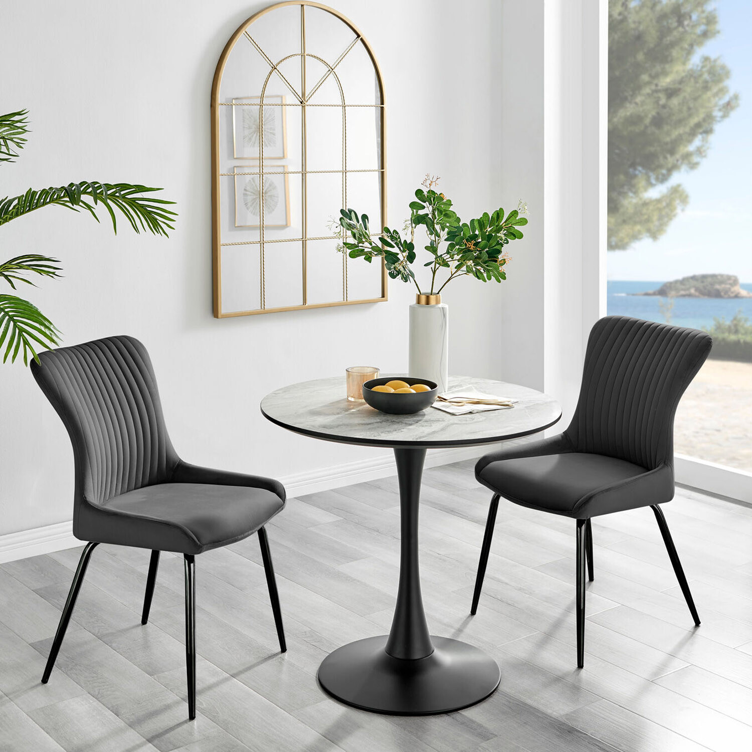Furnitureboxuk Elina White Marble Effect Round Dining Table And 2 Nora Black Leg Chairs - Dark Grey