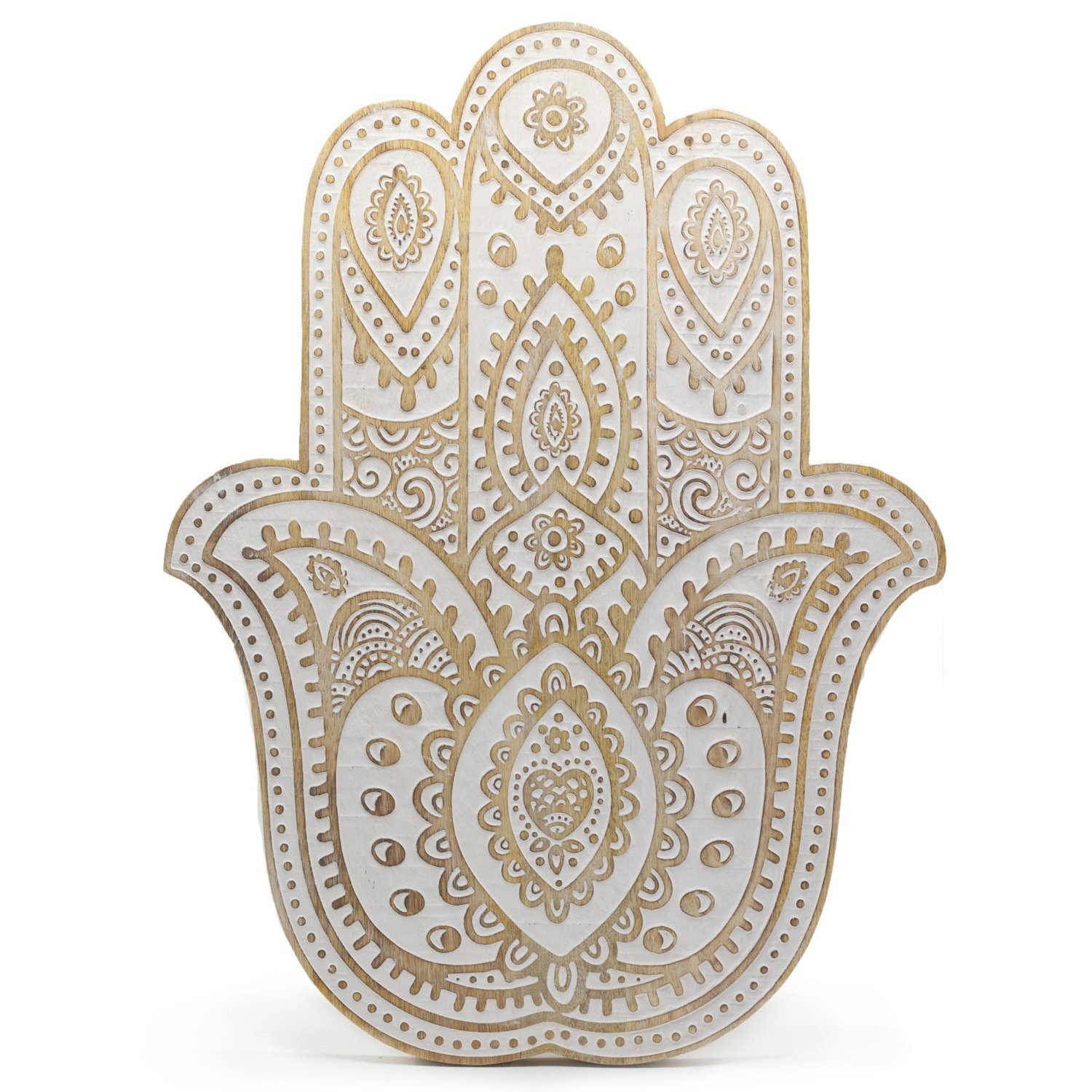Mango Wood Hamsa Wall Plaque - Whitewashed Rustic Decor - Brown