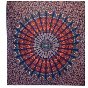 Double Cotton Bedspread  Wall Hanging - Peacock Mandala, Blue