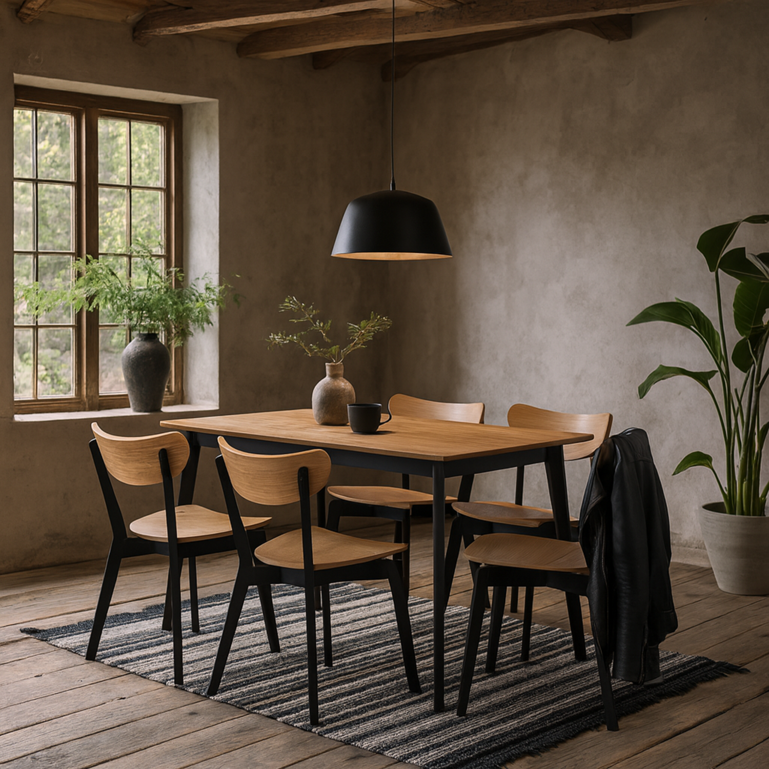 Krakow 5-Piece Dining Set - Oak-Effect Table and 4 Black Chairs - Black and Natural