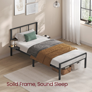 VASAGLE Single Metal Bed Frame with Headboard, Bedside Shelves