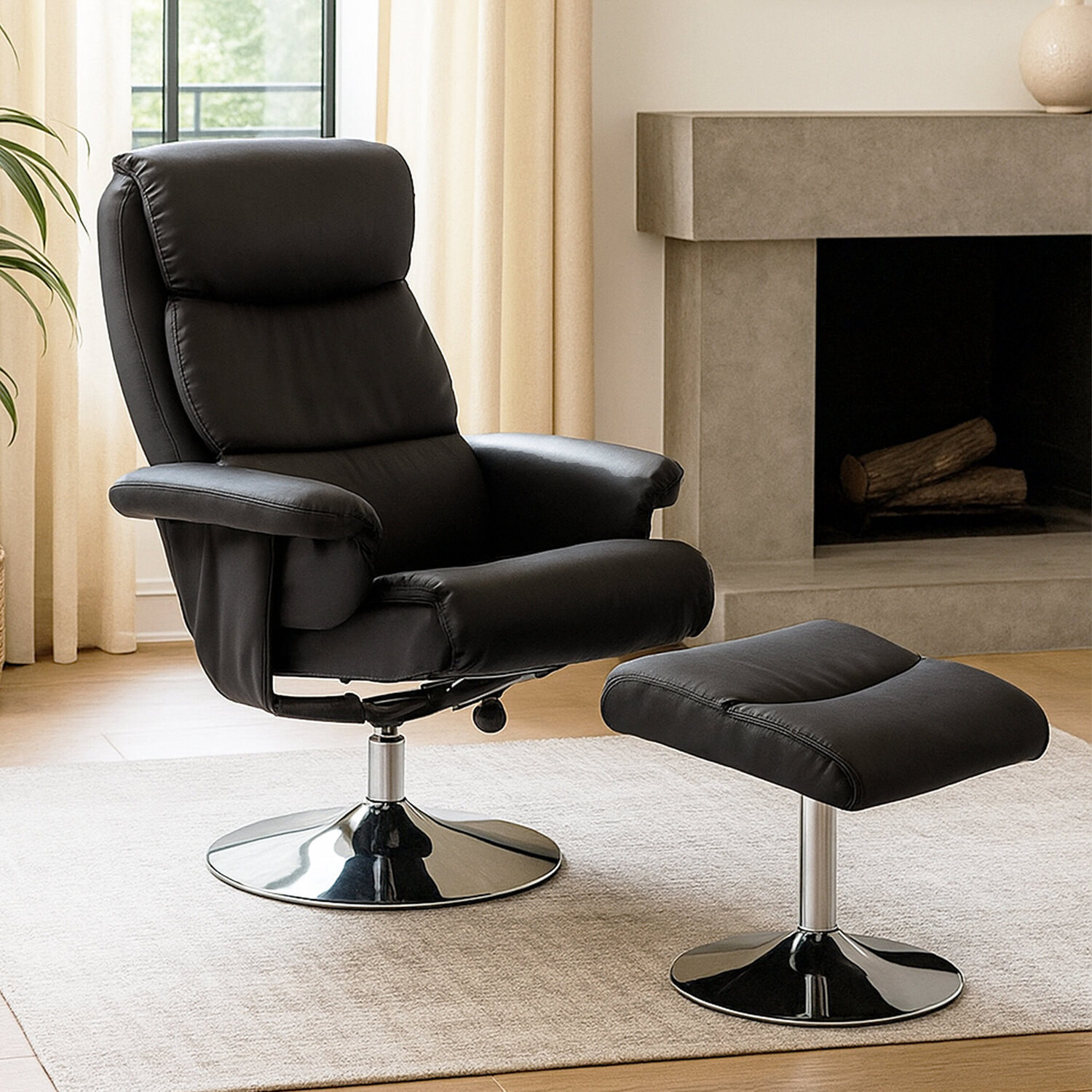 Denton Black Leather Effect Reclining Chair with Footstool - Black