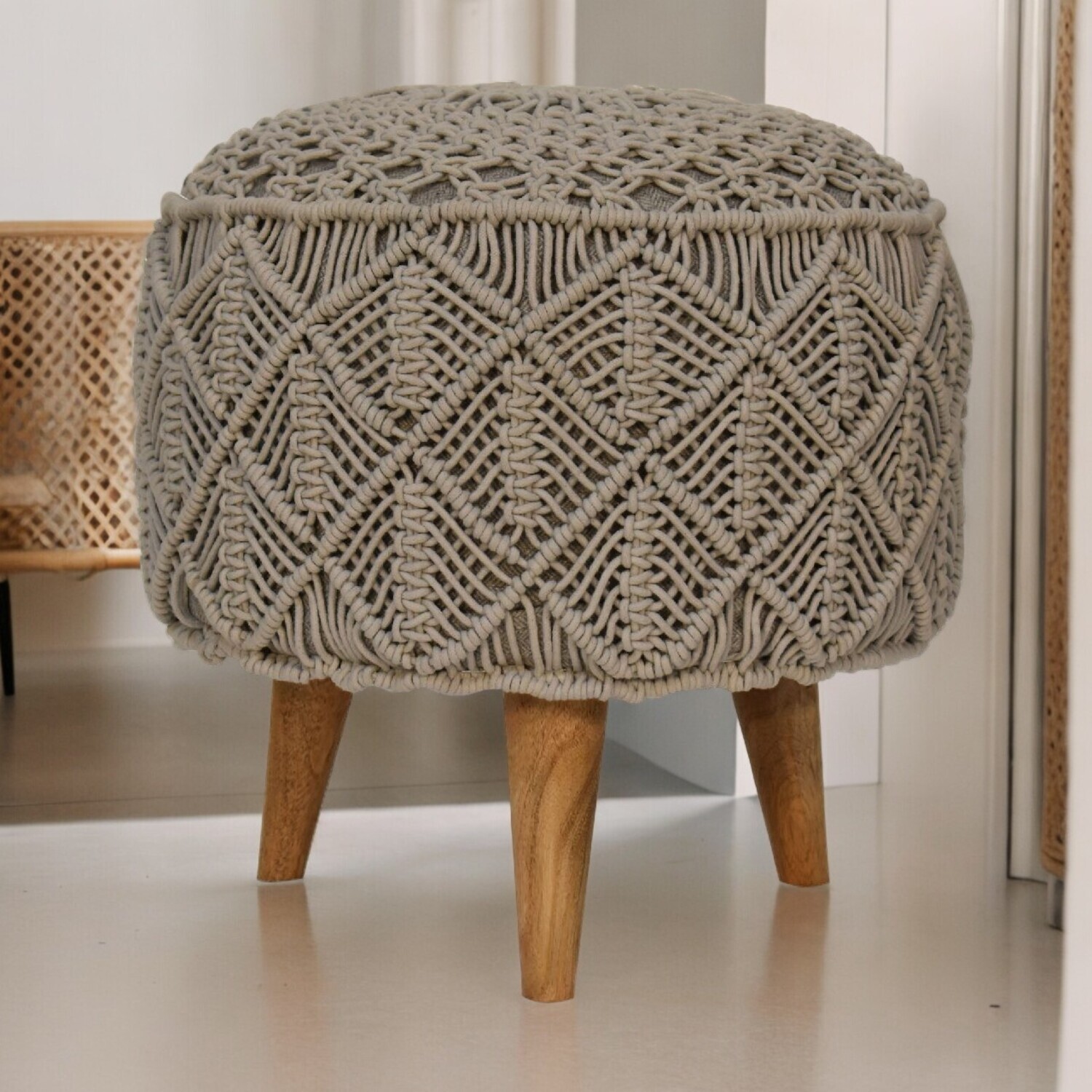 Solid Wood Crotchet Grey Footstool - Brown