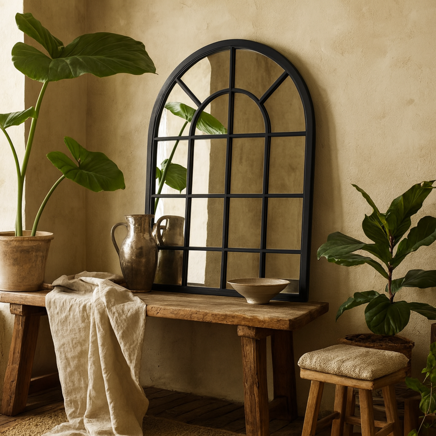 Large Arched Windowpane Mirror Wooden Frame - Black