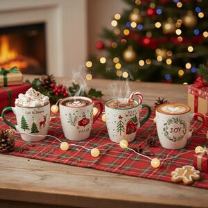 Ceramic Stoneware Christmas Xmas Mugs Set - Multicoloured - Set of 8