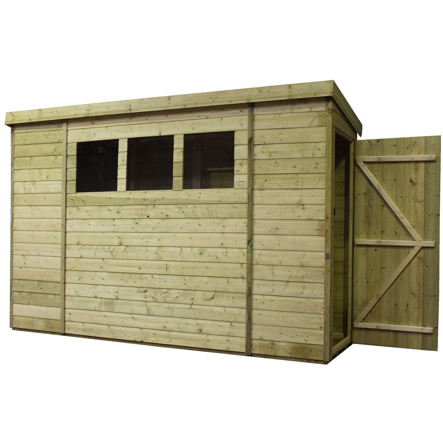 Empire 2600 12x3 Pent Garden Shed with a Single Door on Right Side Panel & 3 Windows - Green