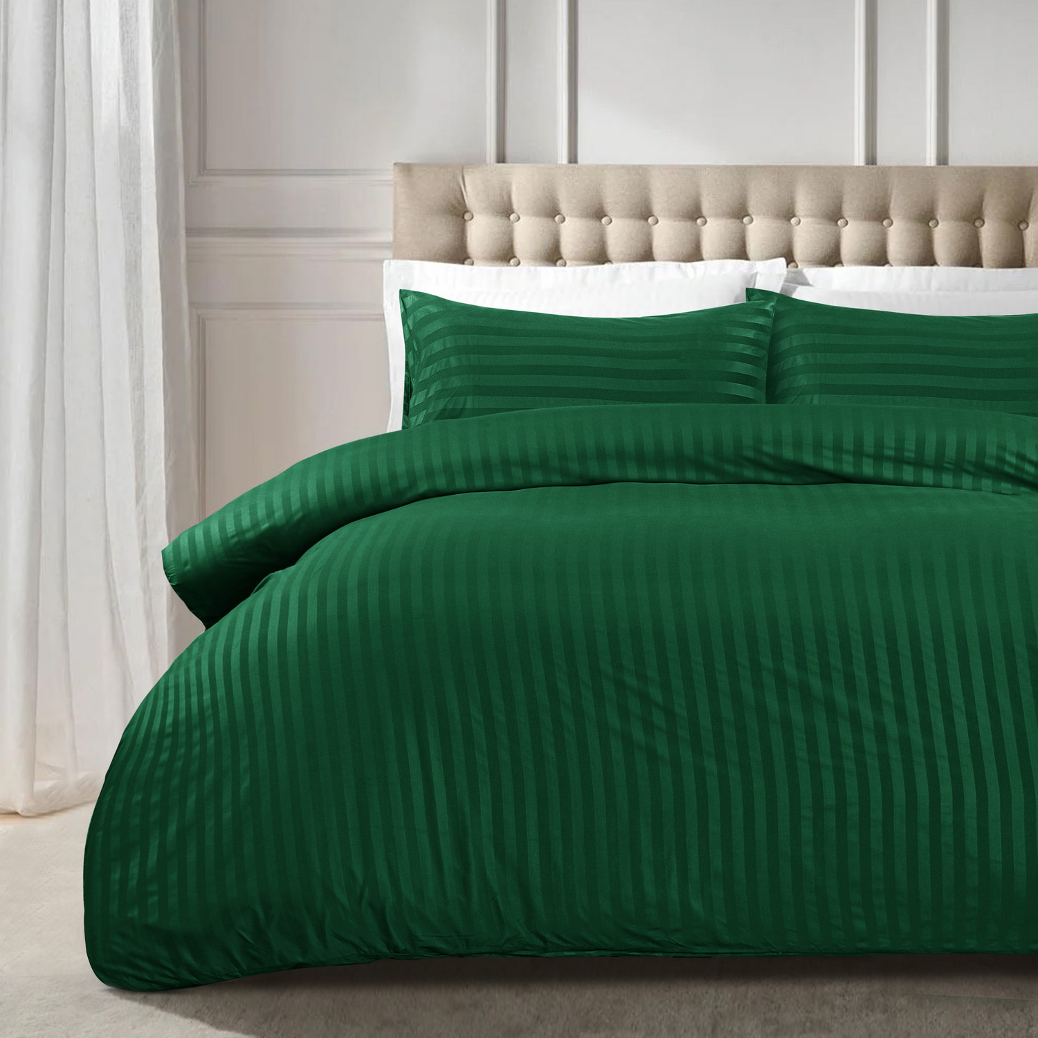 Satin Stripe Duvet Covers - Green Single