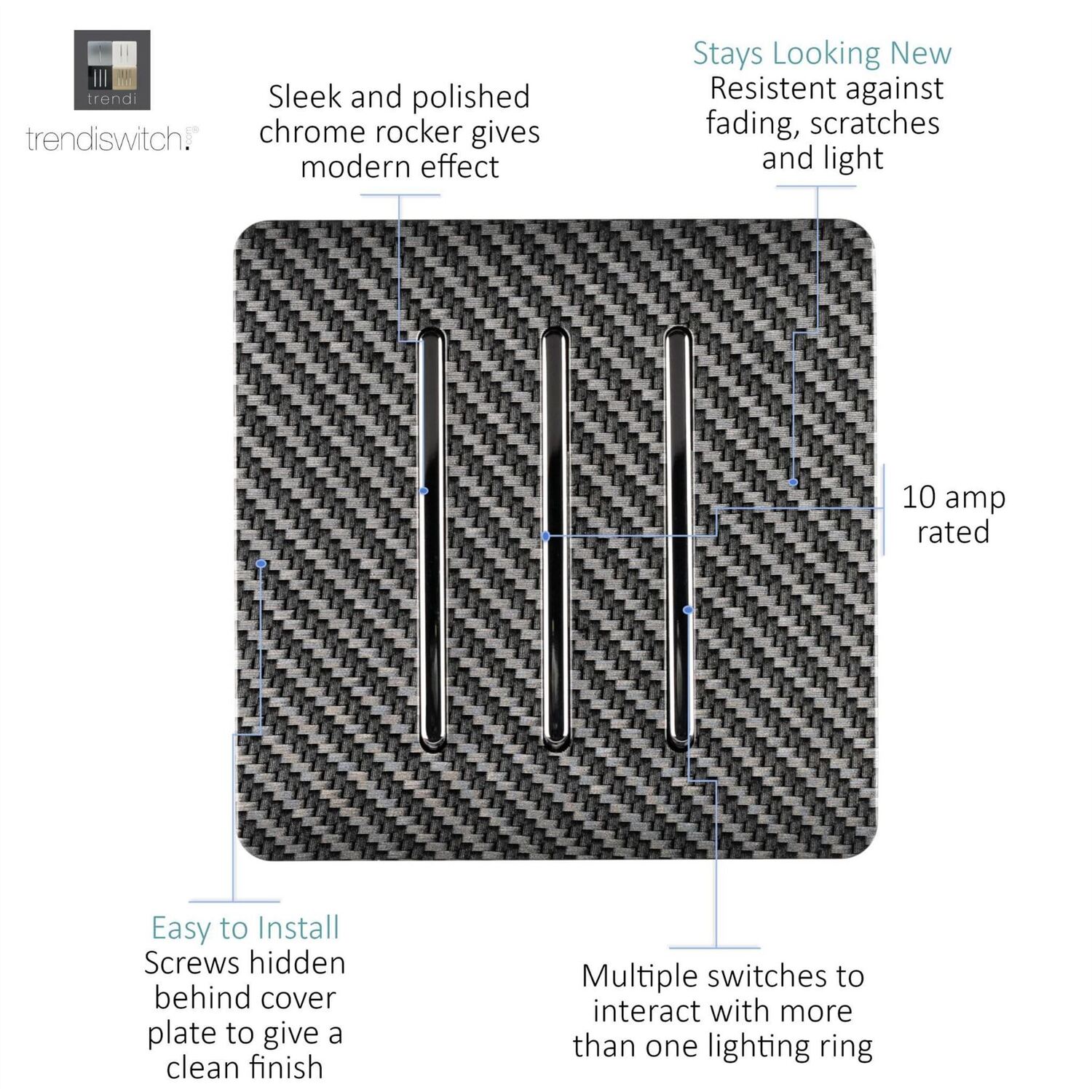 Trendi 3 Gang 2 Way Modern Glossy 10 Amp Rocker Light Switch Carbon Fibre - Image 4