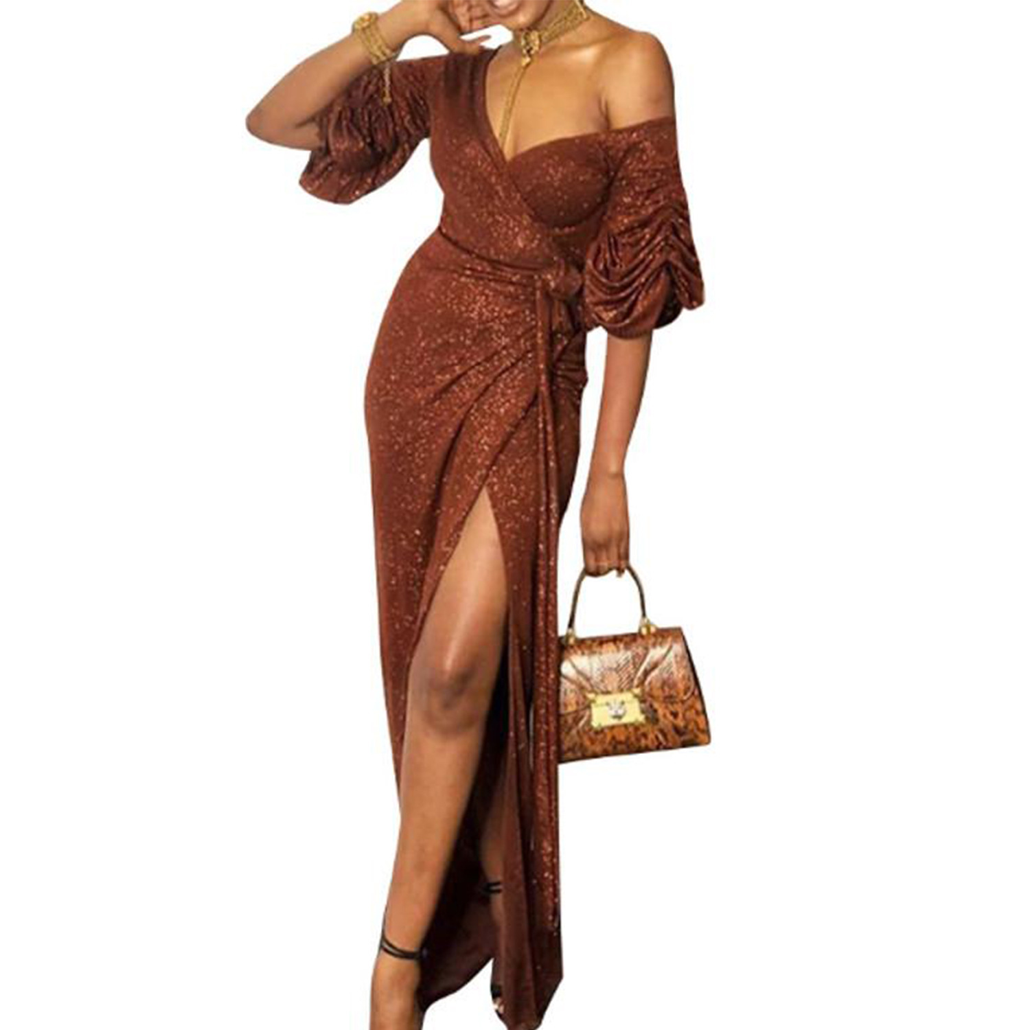 Off-The-Shoulder Hem Split Evening Dress - Brown / 136.5cm