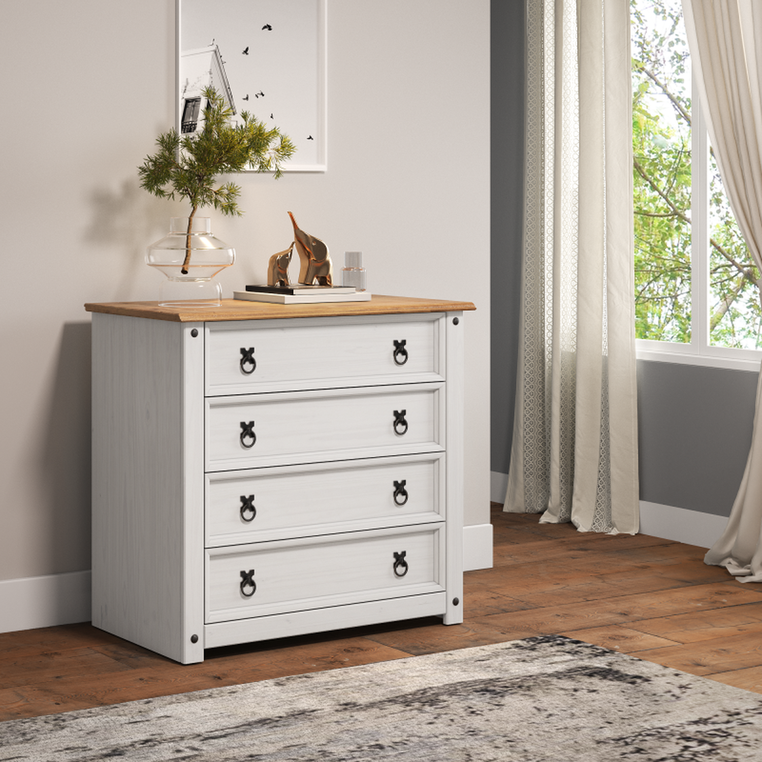 Mercers Furniture Corona Small 4 Drawer Chest Of Drawers Solid Wood Pine Wooden Bedroom - Distressed White Wax