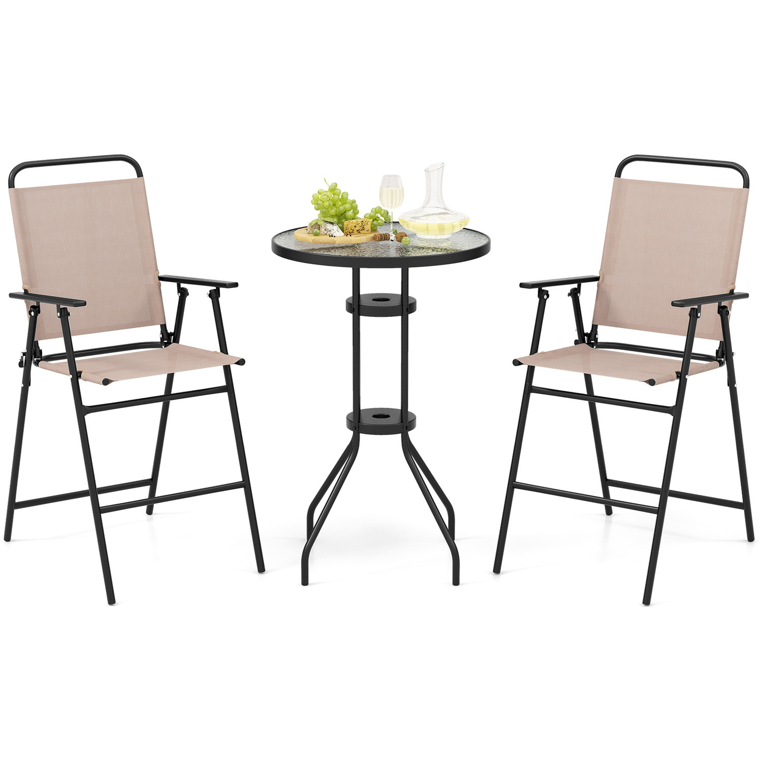 Patio Bar Table With 2 Folding Chairs - Brown