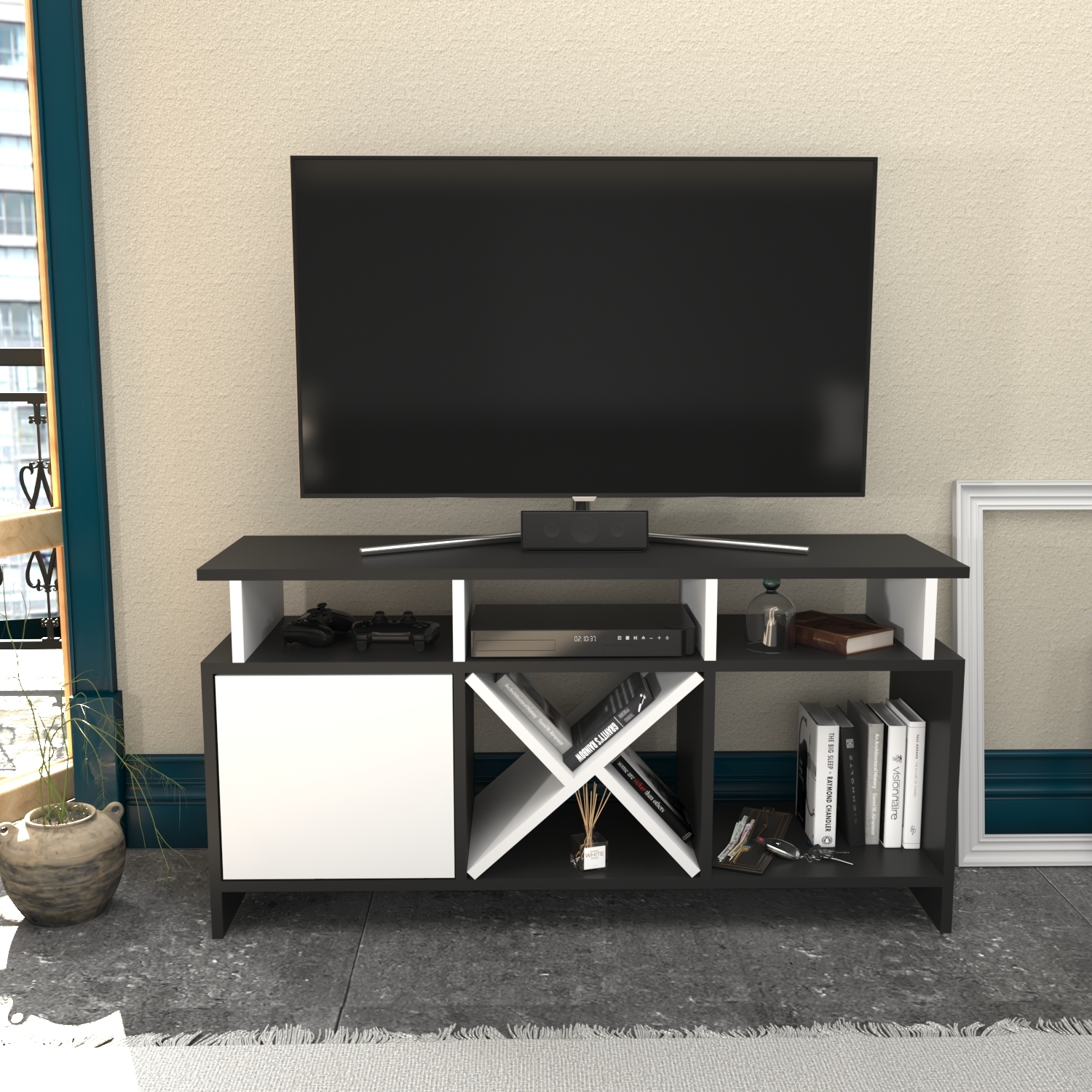 Decorotika Aurburn Tv Unit Tv Stand Tv Cabinet Storage With Open Shelves And Cabinet - Anthracite And White, Multi