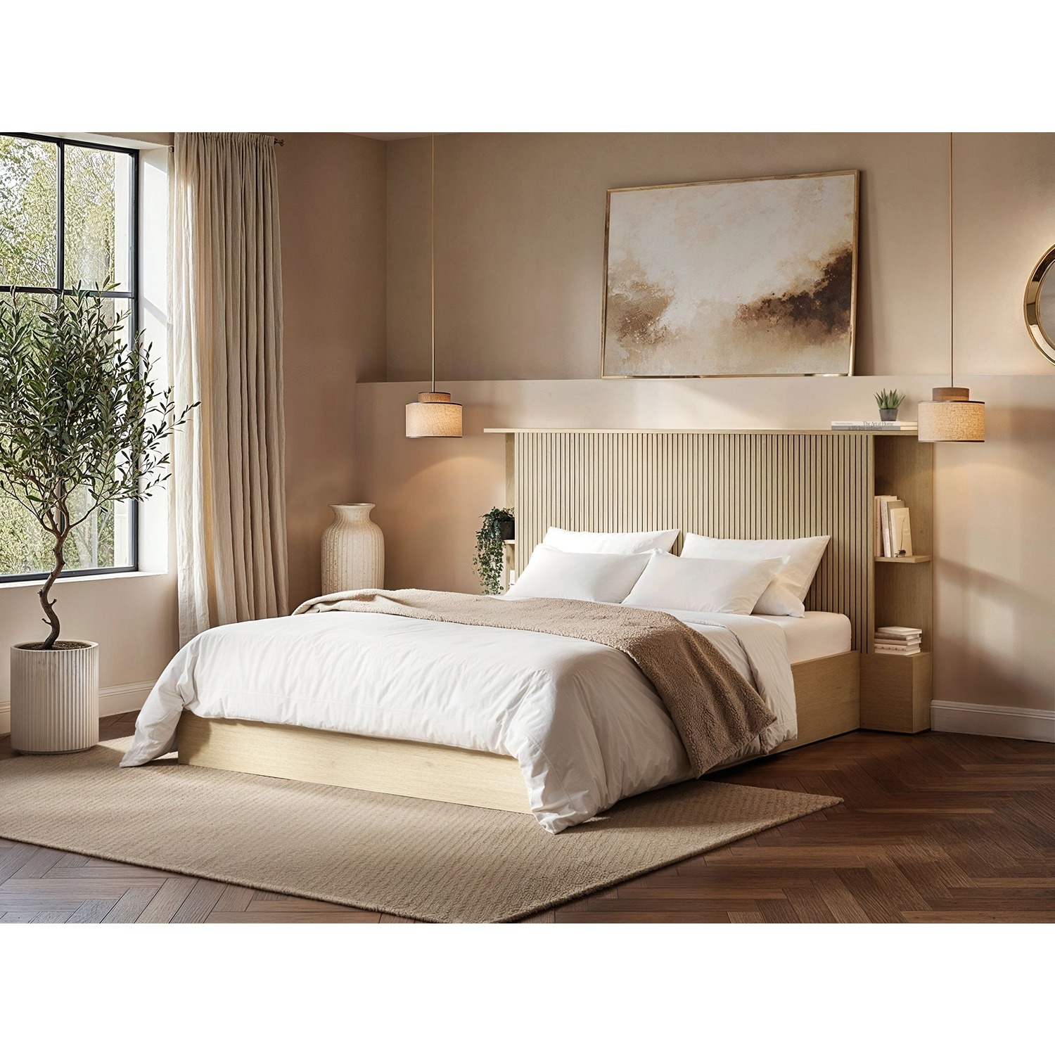 Zora Ottoman Bed with Headboard Shelves Oak - Oak / Double