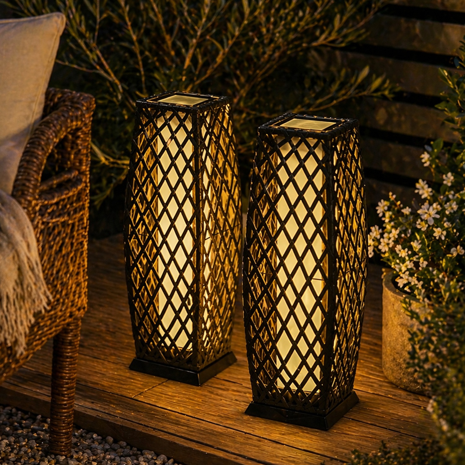 Set of 2 Solar Rattan Lantern Floor Lamps LED Garden Pathway Lights Charcoal - Charcoal