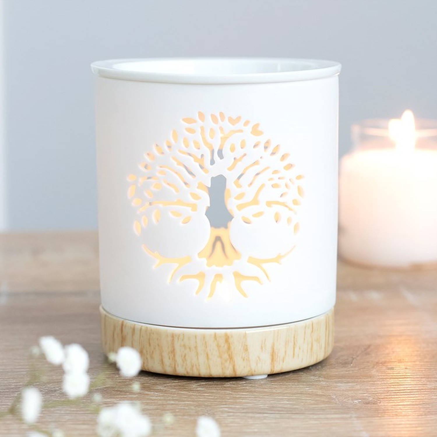 Kdmk Unique Tree Of Life Oil Burner With Wood Effect Base - White