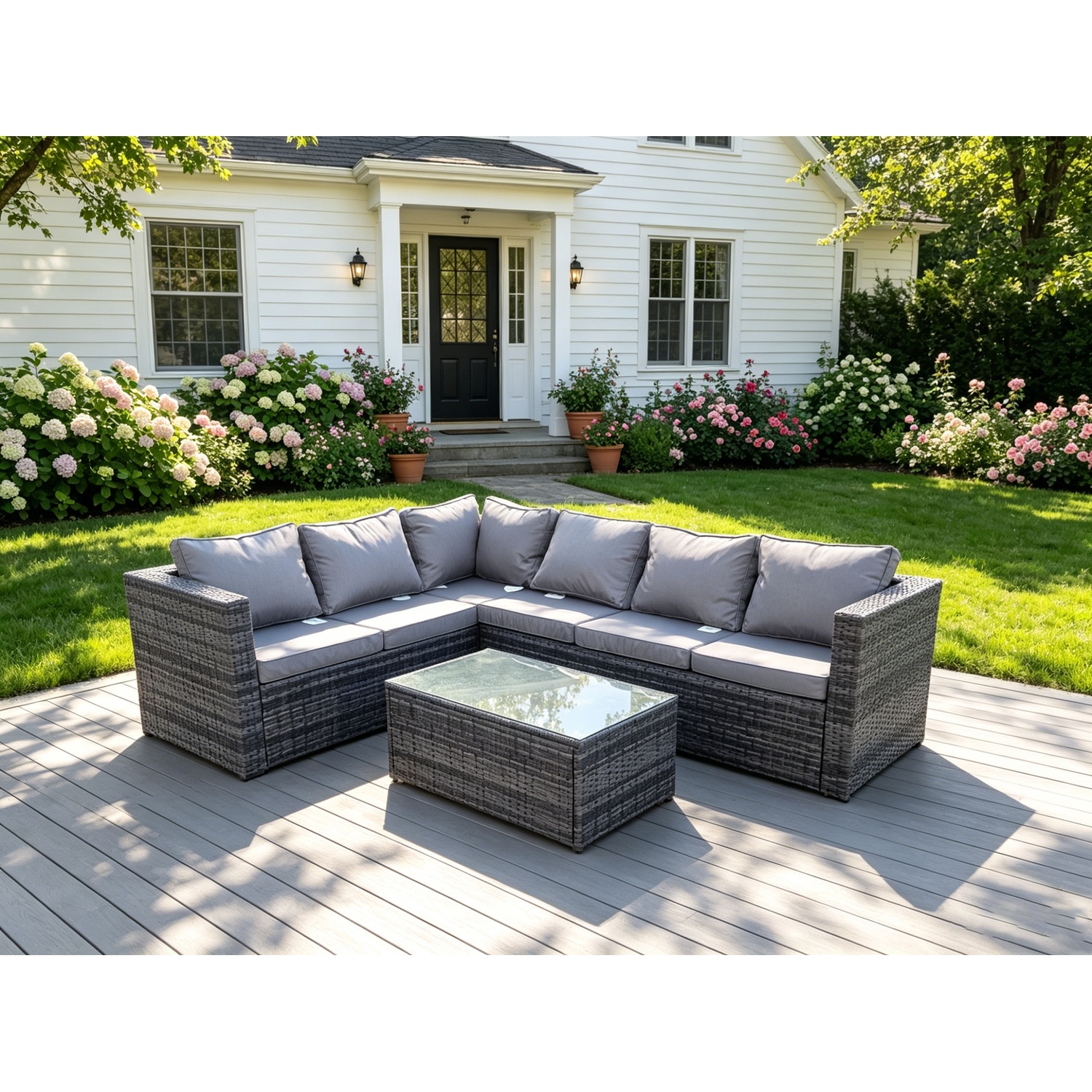 Fimous 6 Seater Rattan Corner Sofa Set Coffee Table