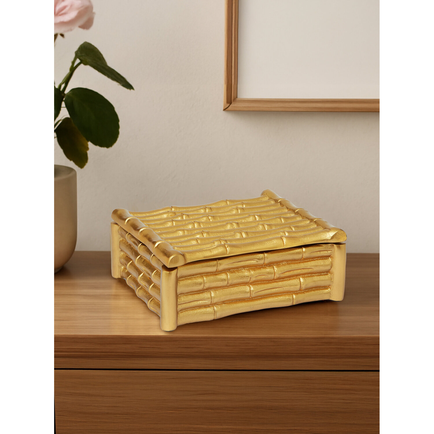 Hiba Small Gold Finish Bamboo Effect Trinket Box - Gold