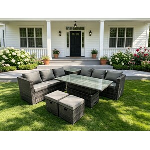Wicker Rattan Corner Sofa Rising Table Set + Footstool