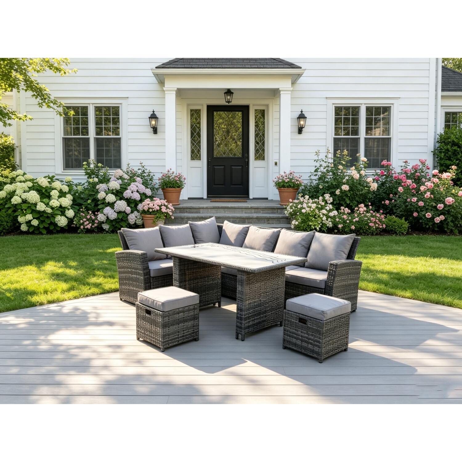 Fimous 8 Seater High Back Rattan Corner Sofa Dining Set - Dark Grey Mixed - Image 1