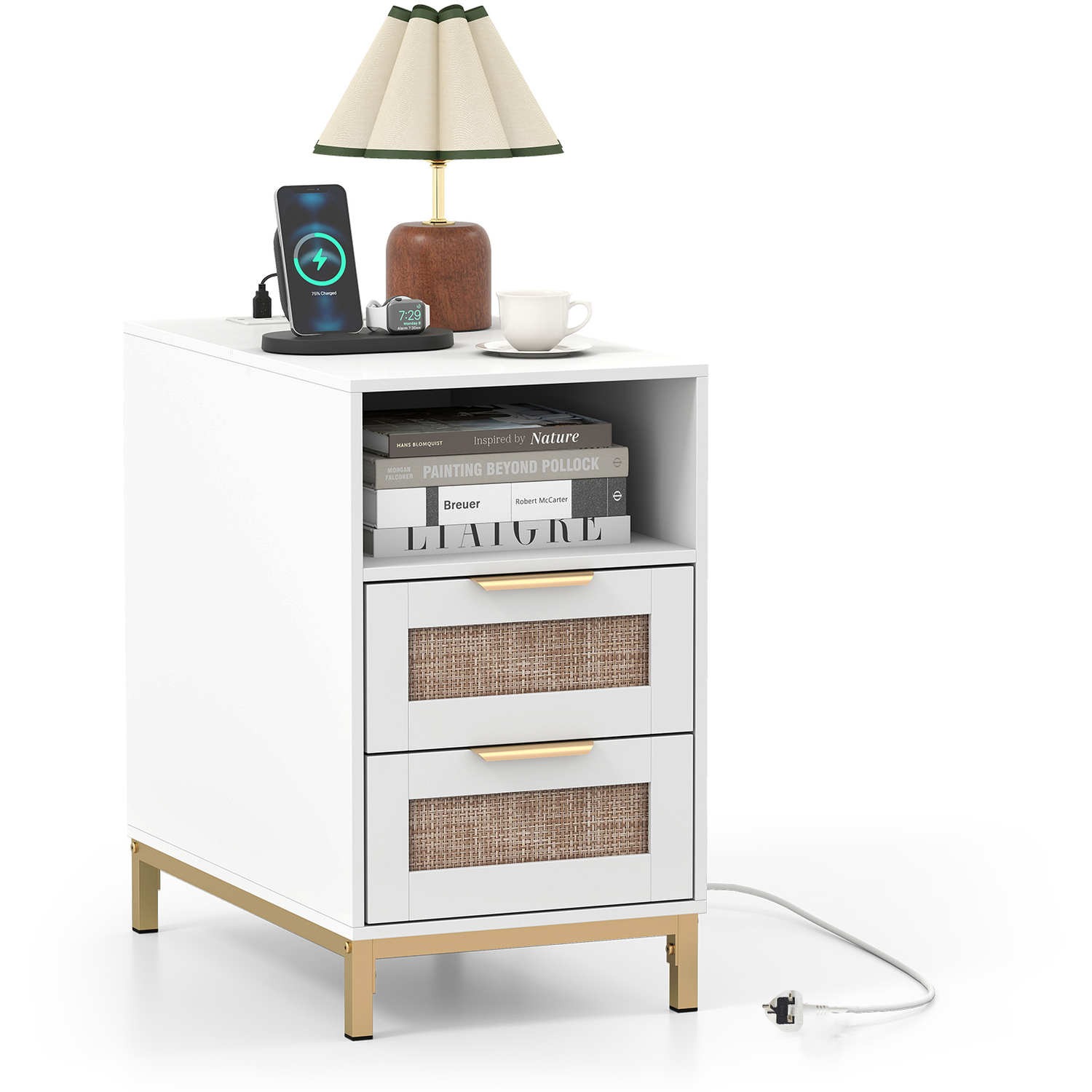 Costway Narrow End Table With Charging Station - White