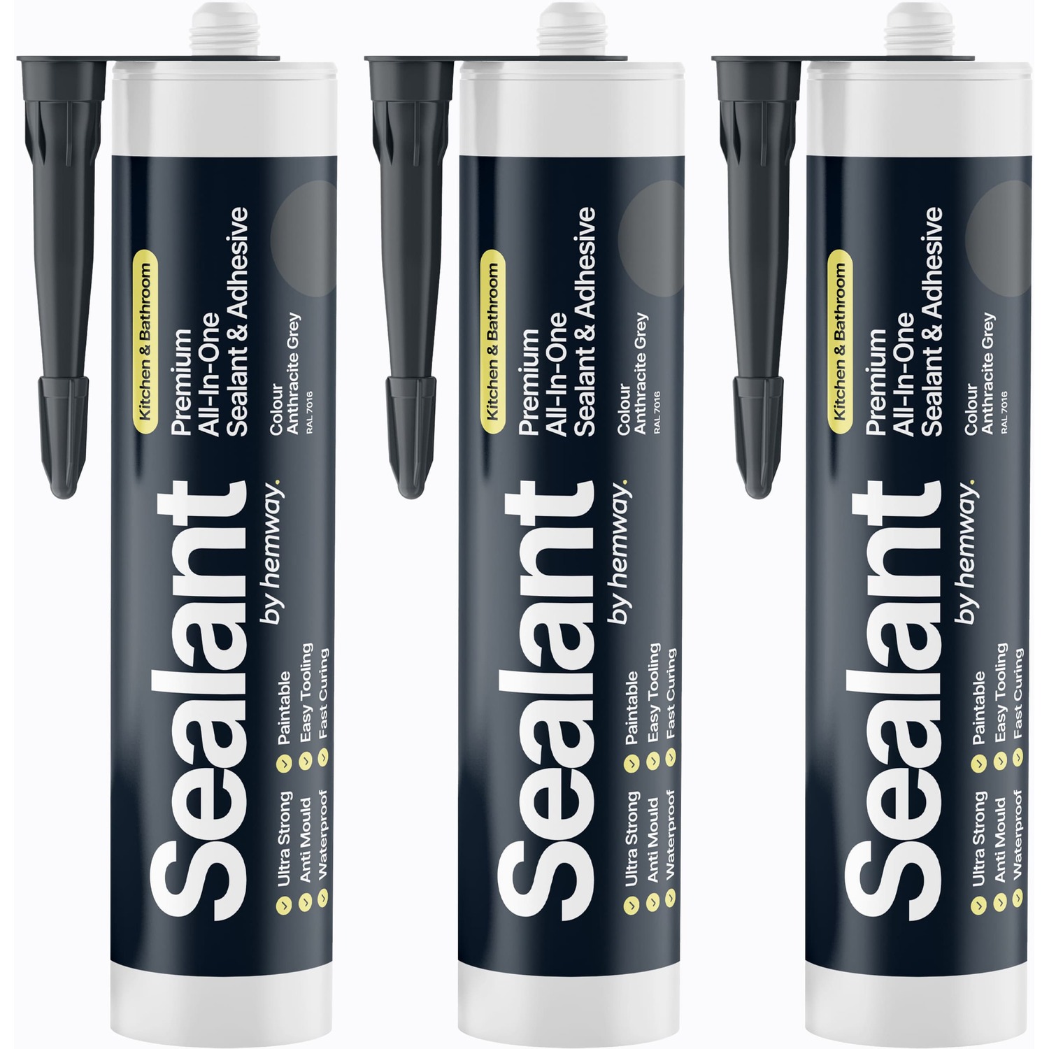 Hemway Hybrid Polymer Sealant & Adhesive Anthracite Grey Kitchen Bathroom 3 Pack - Anthracite Grey