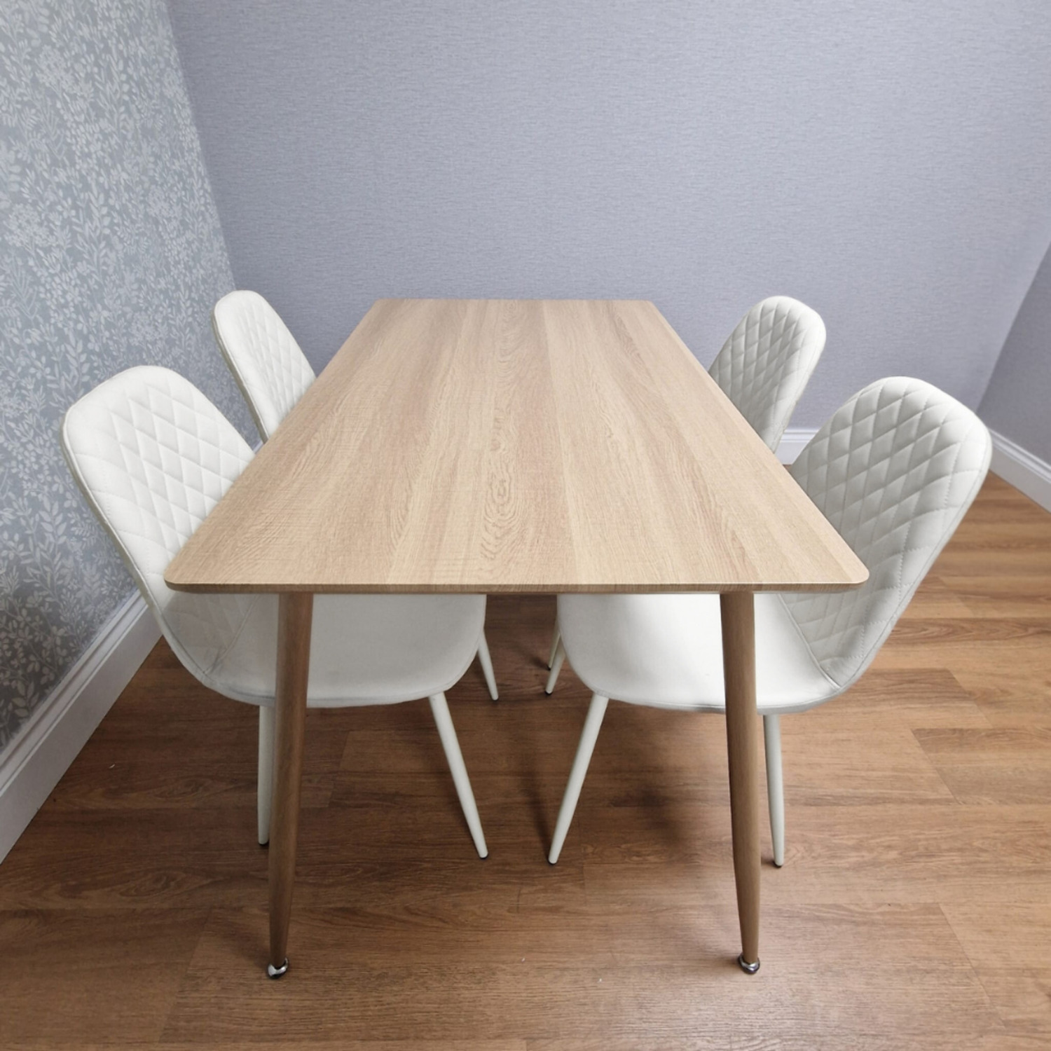 Kosy Koala Modern Wood Effect Dining Table Set With 4 White Gem Pattern Chairs Dining Room Furniture - Brown