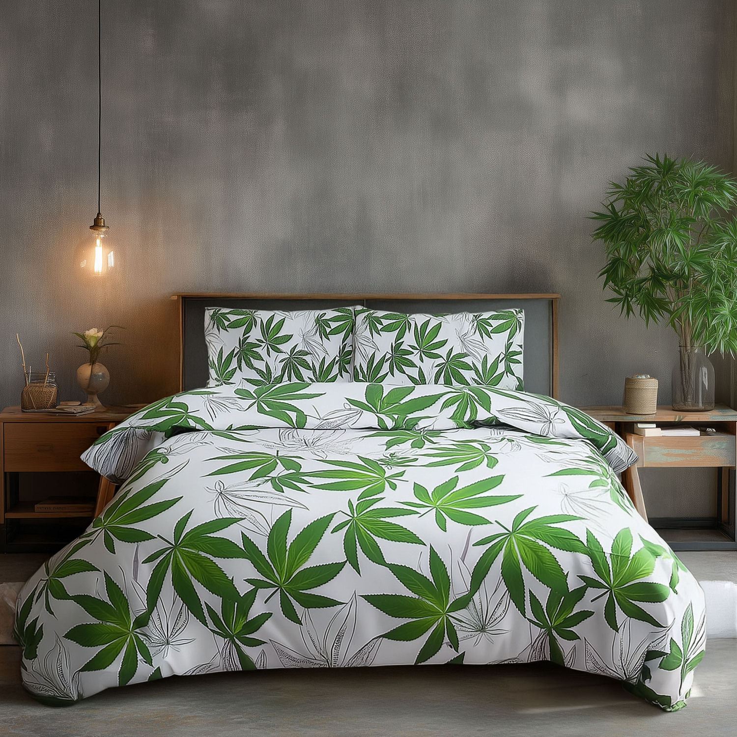 Duvet Cover And Pillowcase Set Black Or White Cannabis Design Polycotton Bed Linen - White / Superking