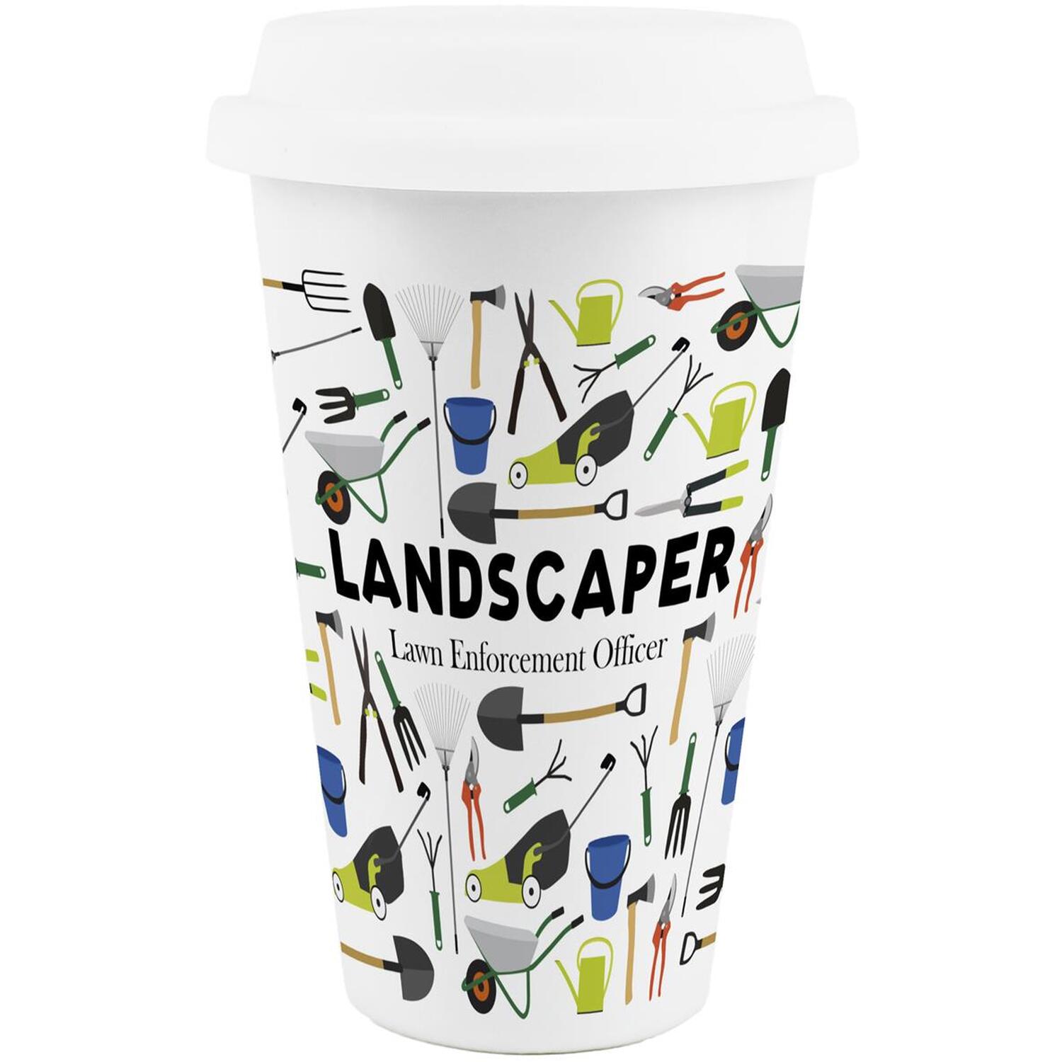 Purely Home Novelty Landscaper Ceramic Travel Mug - Reusable Drinks Cup Gift - White