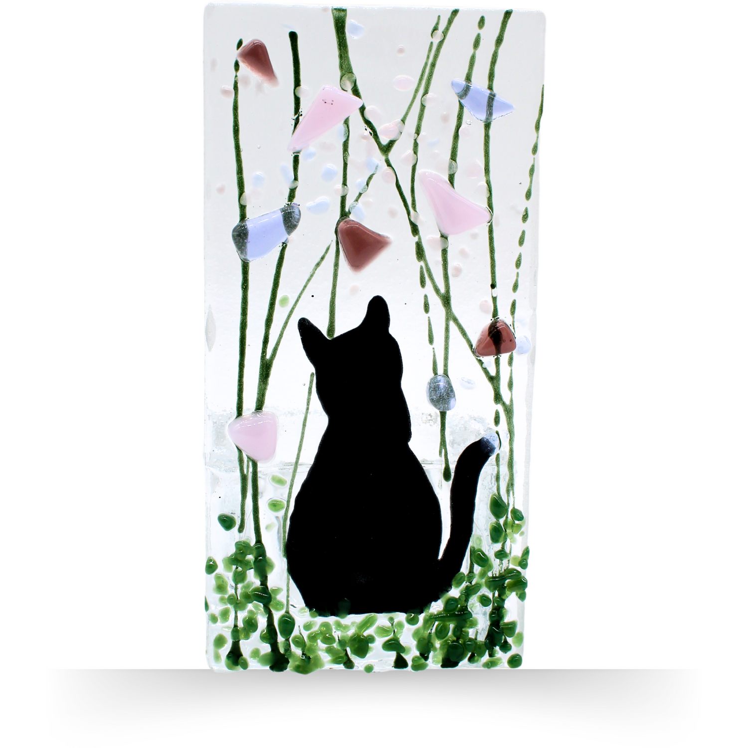 Fused Glass Tea Light Holder ¿ Cat & Violet Design (Handmade) - Multi