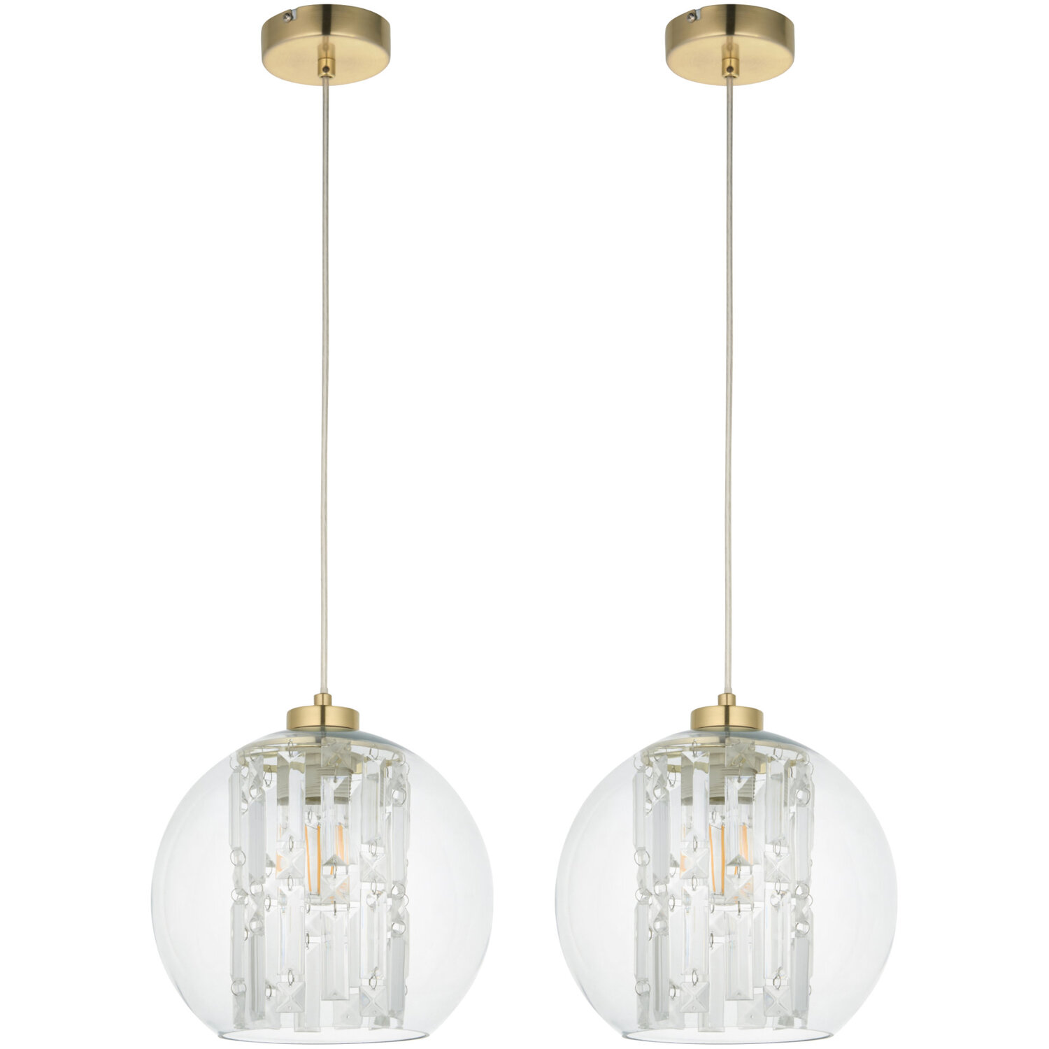 First Choice Lighting Set Of 2 Mallorie Ceiling Single Pendant Lights - Brushed Satin Gold And Clear Glass
