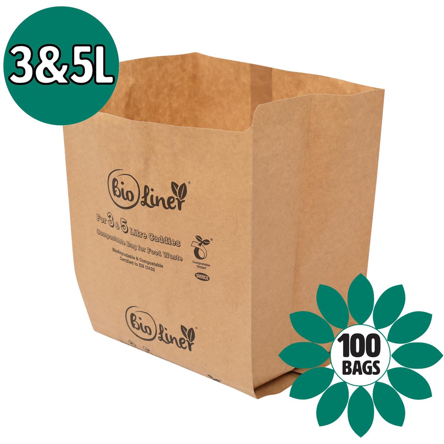 Bioliner 3 & 5L Paper Compostable Caddy Liners (Small) - 200 Bags - 100 Bags / 100