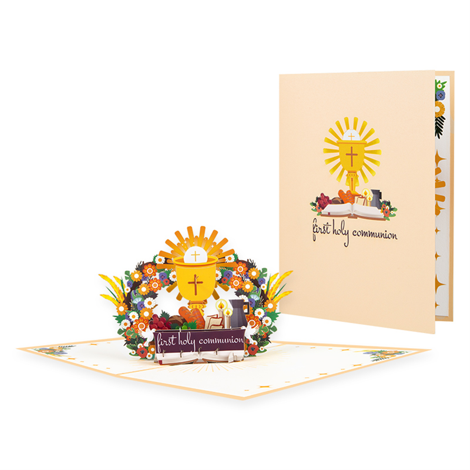 Brightfeel Religious Symbols & Floral First 3D Pop Up Holy Communion Card - White