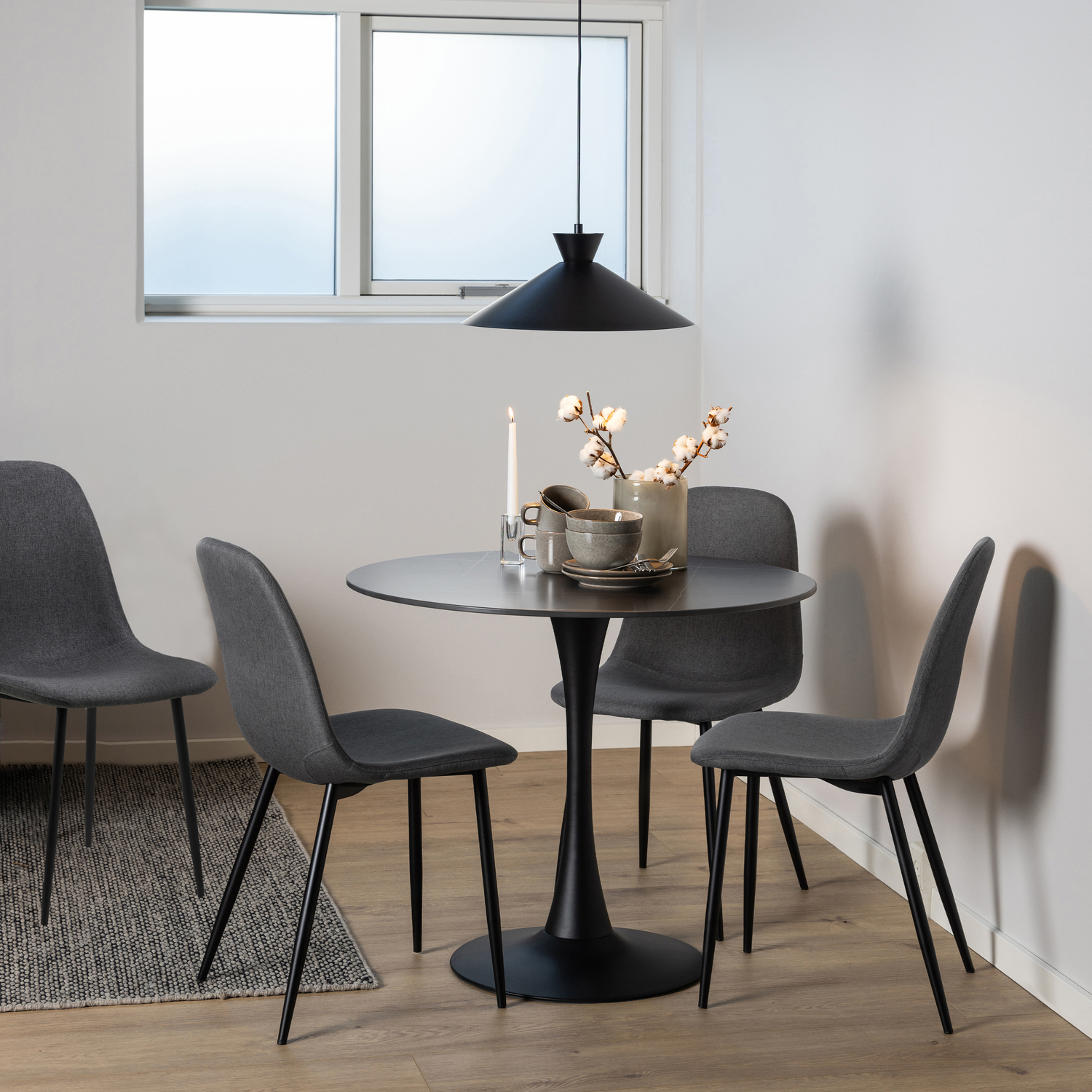 Furniture To Go Malta Ceramic Round Dining Table In Black 90Cm Includes 4 Celia Dining Chairs In Dark Grey - Image 1