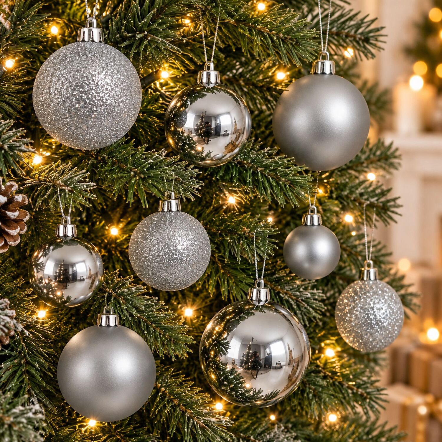 60 Silver Baubles Shatterproof Christmas Tree Hanging Decoration 4cm 5cm 6cm - Image 2