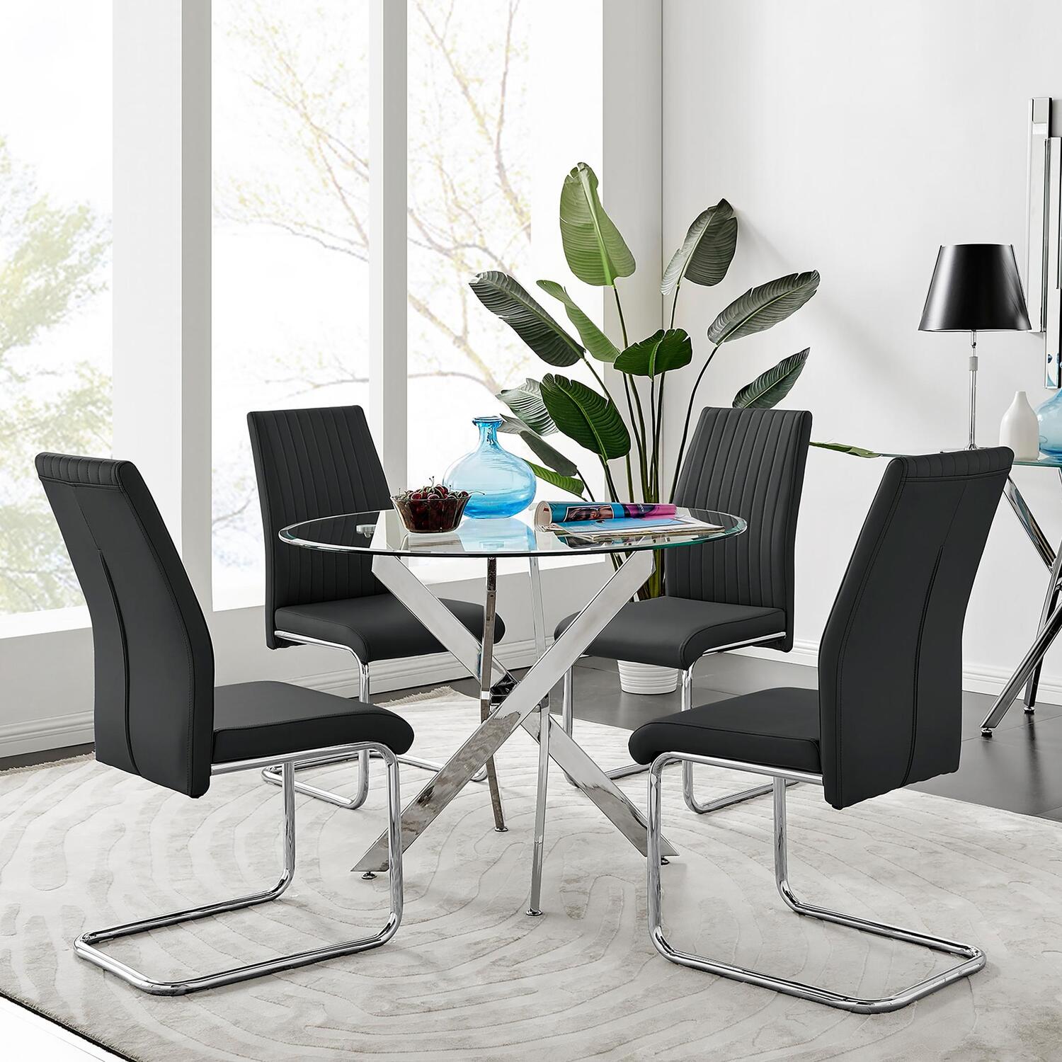 Furnitureboxuk Novara Round Glass Dining Table With 4 Lorenzo Chairs Chrome Finish - Black