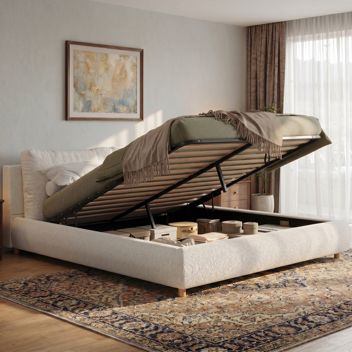 Aka Bouclé Ottoman Storage Bed With Cushions - White