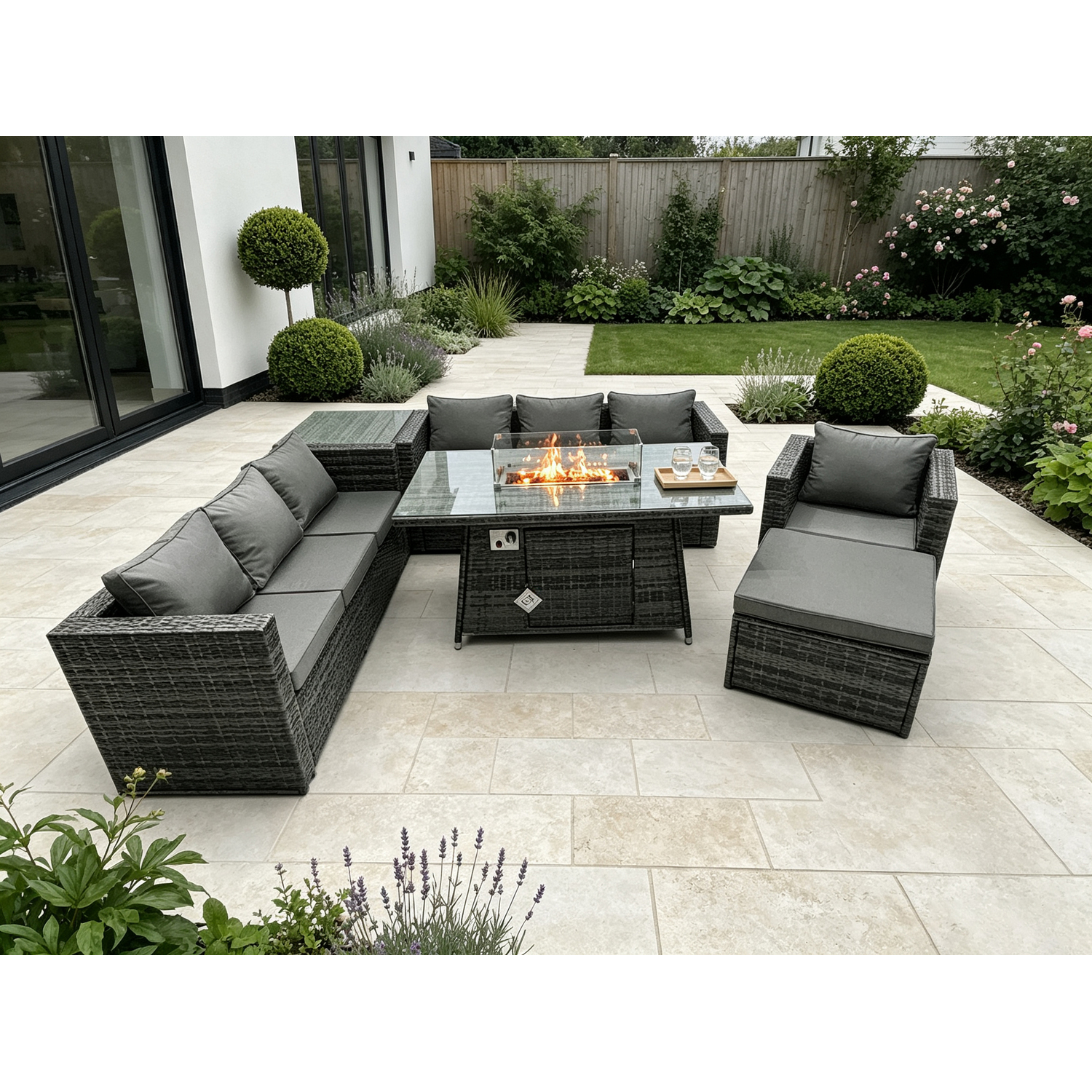 Fimous Rattan Garden Furniture Sofa Set Outdoor Patio Gas Fire Pit Dining Table Gas Heater Burner Side Table - Image 3