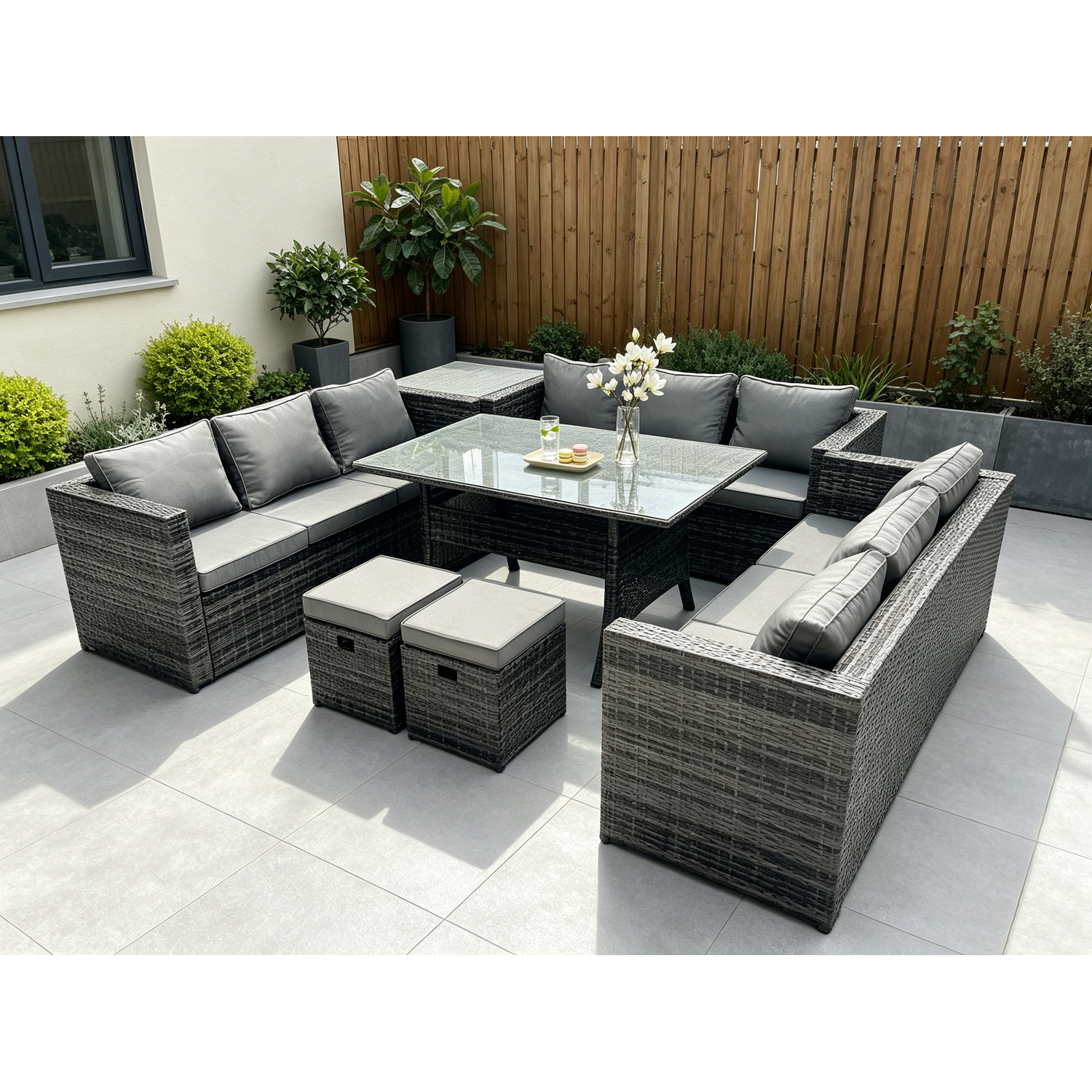 Rackhams Dark/Grey 11-Seater Pe Wicker Rattan Outdoor Lounge Set | Rectangular Dining Table, 2 Footstools, Side Table - Image 2