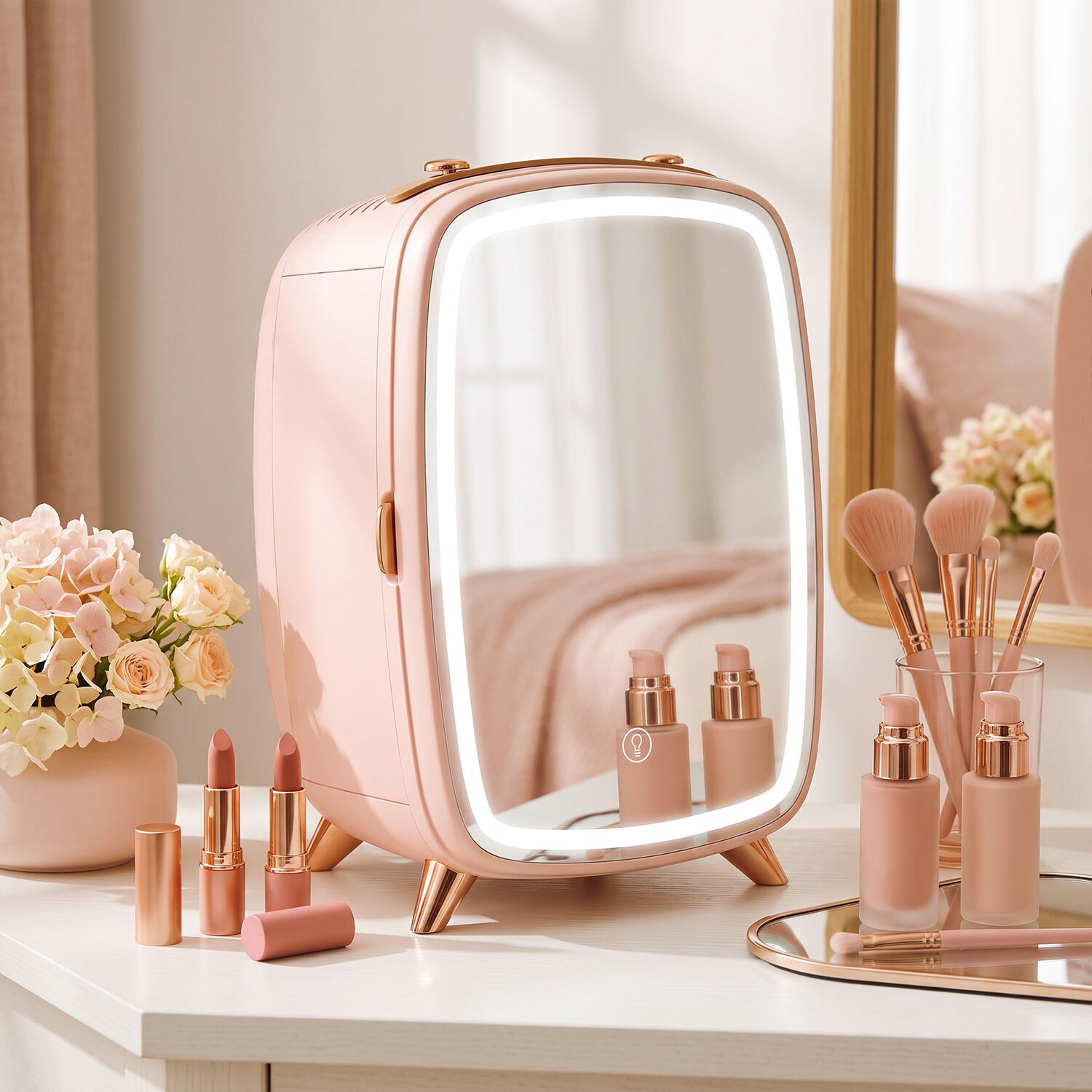 Homcom Unisex Pink Skincare Refrigerator With Led Mirror, Cooling Function, - Image 3