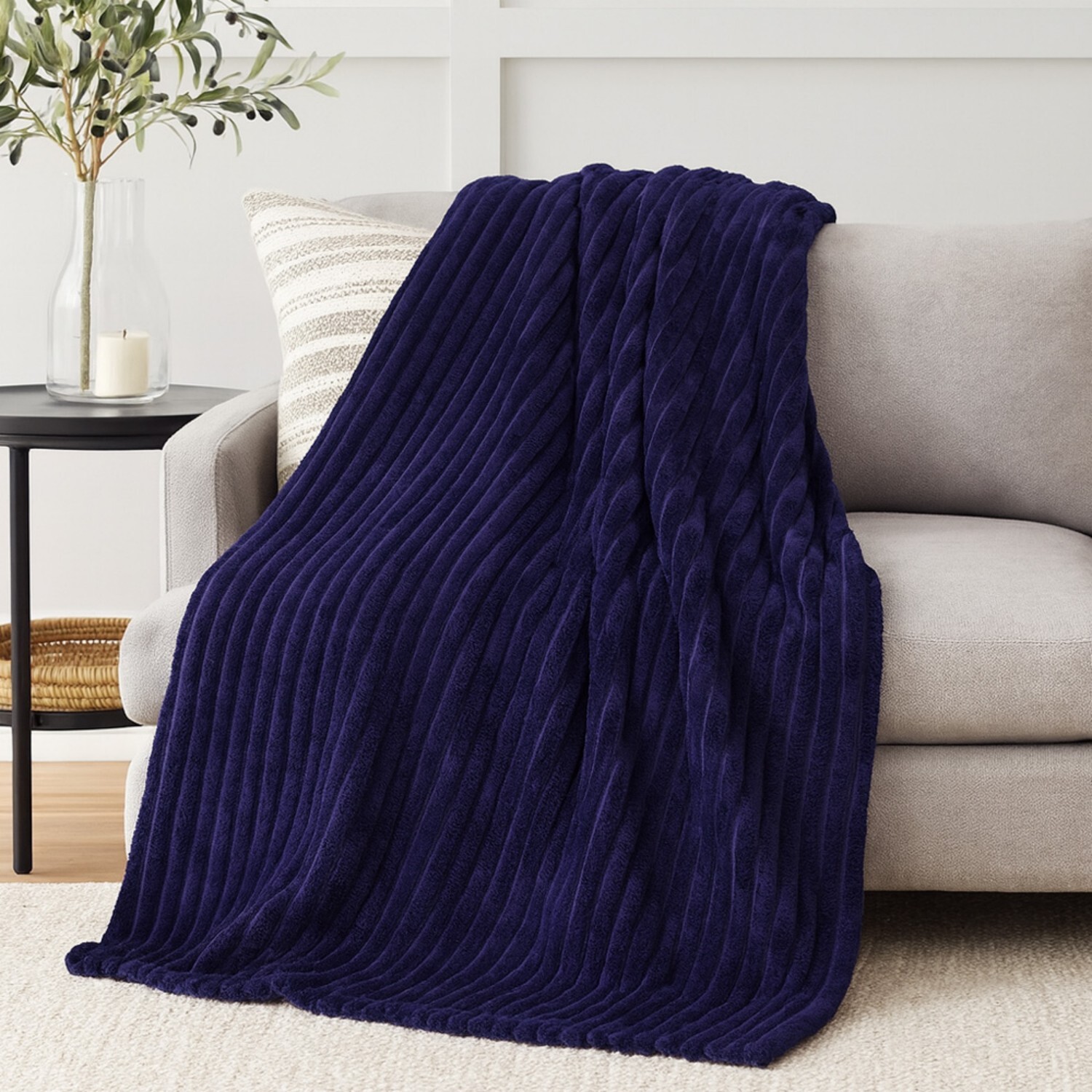 Voltico Luxury Ribbed Throw - Super Soft Polyester, 150 × 200 cm, Navy / Grey | Size: 150 cm x 200 cm