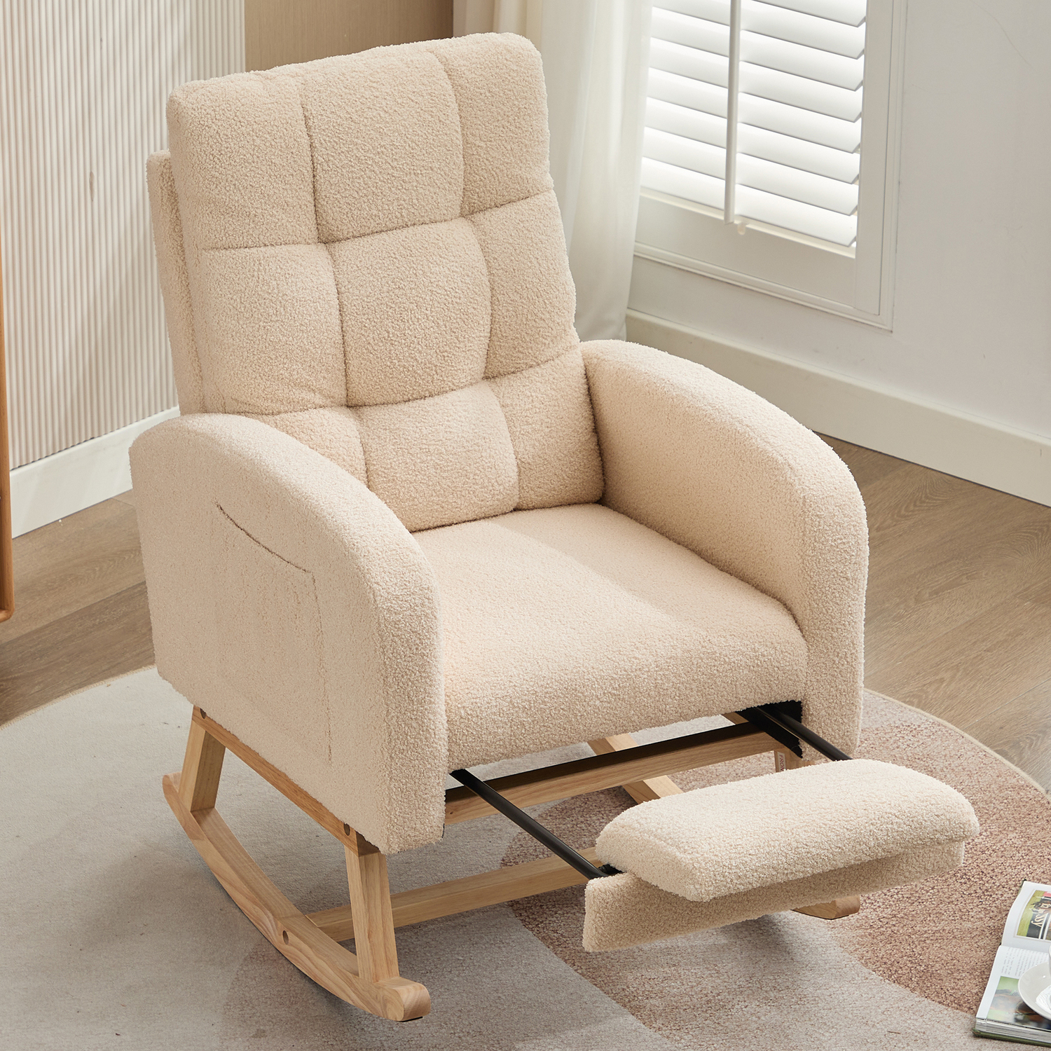 Aka Bouclé Rocking Chair With Adjustable Footrest And Solid Wood Legs, Beige - Cream