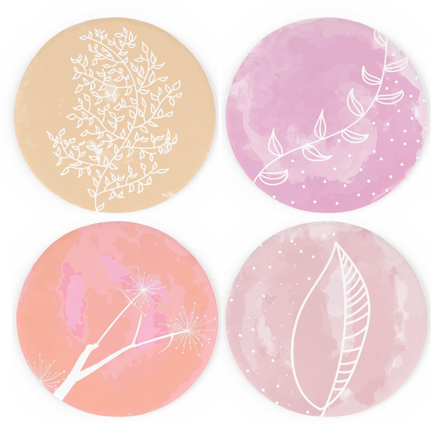 Purely Home Botanical Red Ceramic Coasters - Floral Print Set Of 4 Round Coasters - Multi