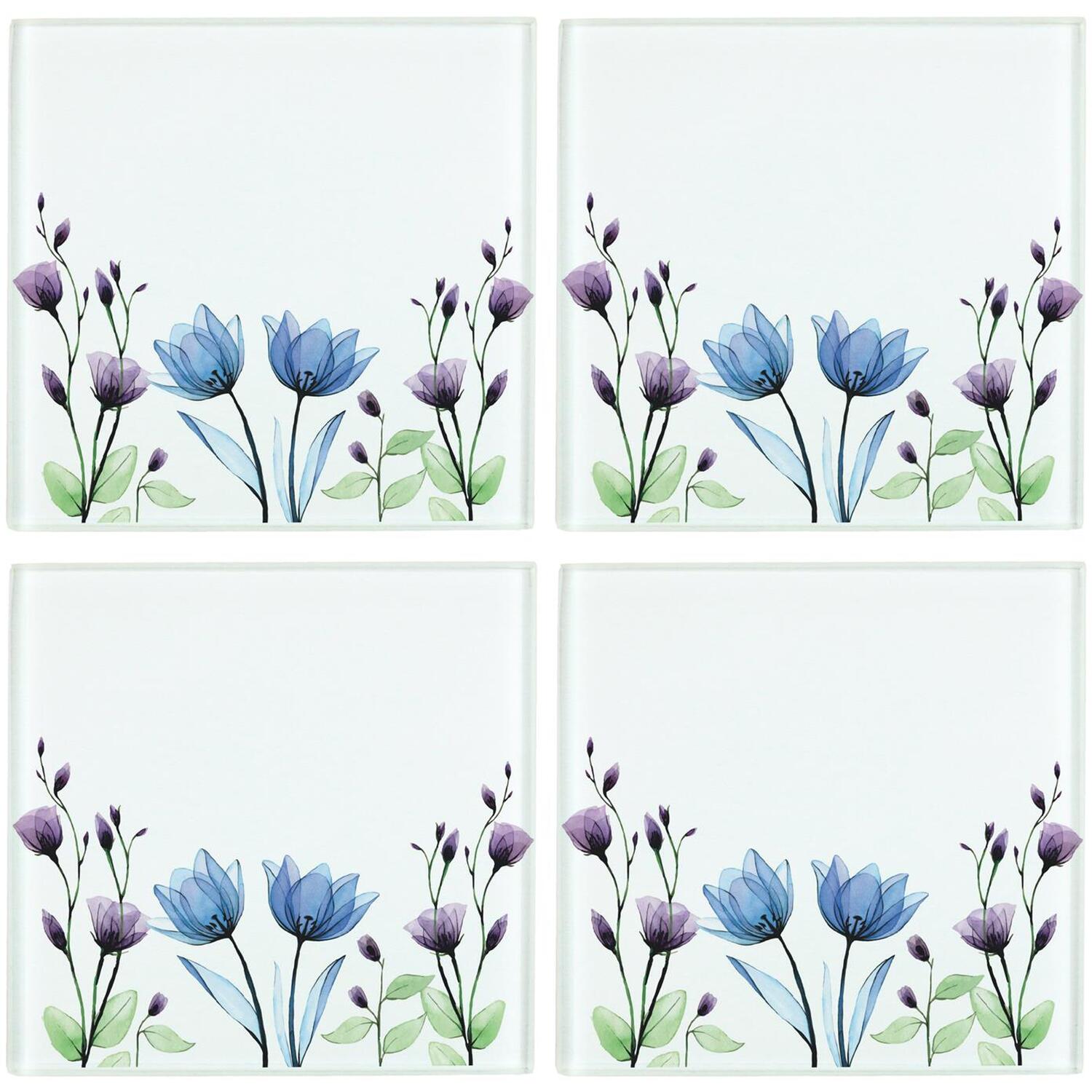 Purely Home Floral Coasters - Set Of 4 Square Glass Coasters - Multi - Image 3