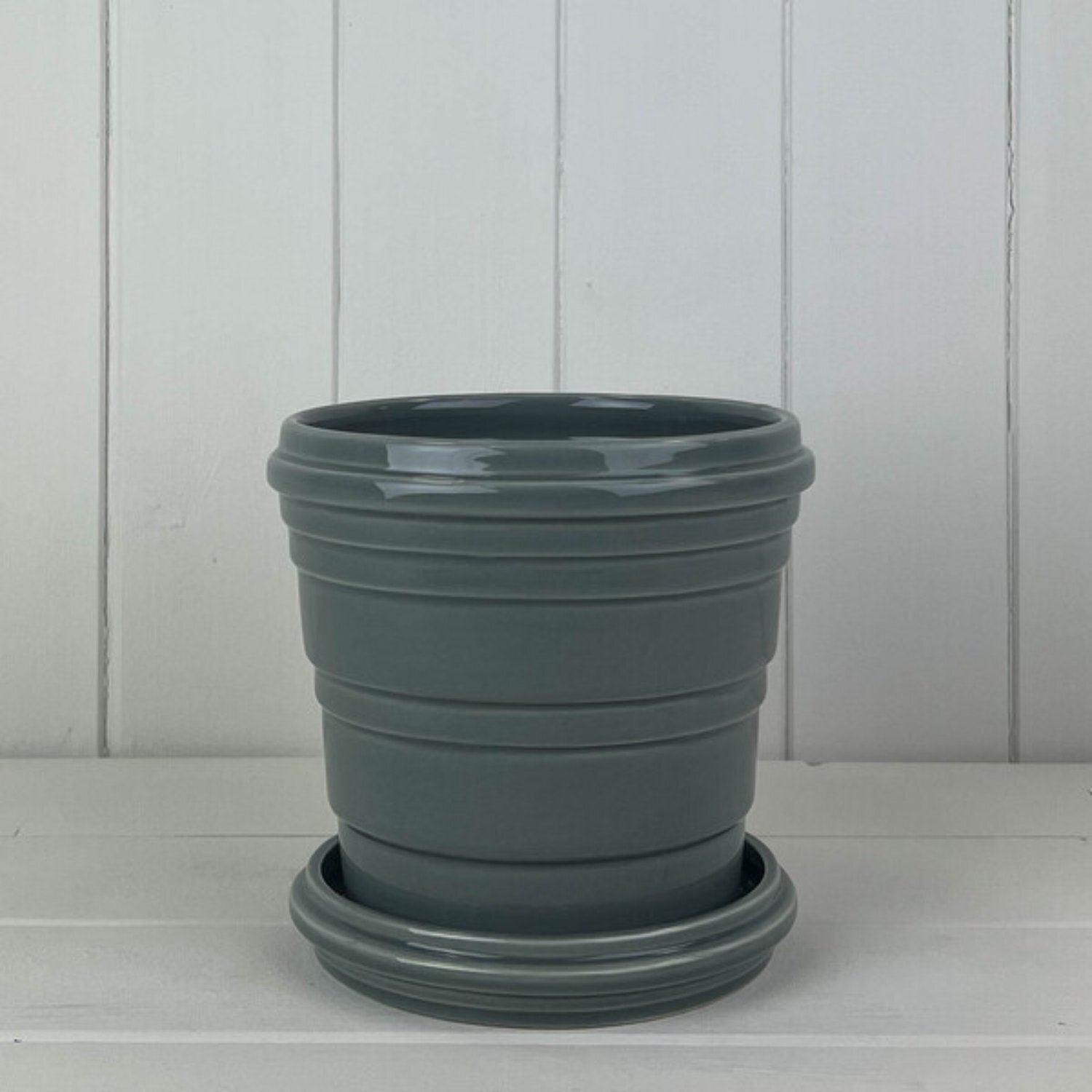 - Grey Ribbed Ceramic Pot And Saucer - Image 1