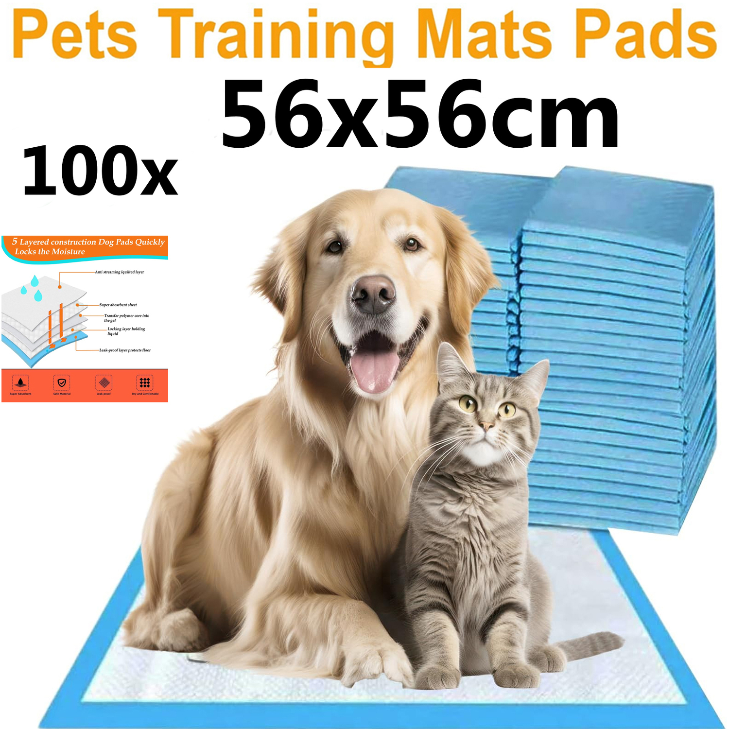 Dogs Puppy Pads, Pack Puppy Training Pads 56 x 56cm (100Pack 56x56cm) | Super-Absorbent 5 Layers, Waterproof, Anti-Slip, Disposable Puppy Pee Pads - Image 2