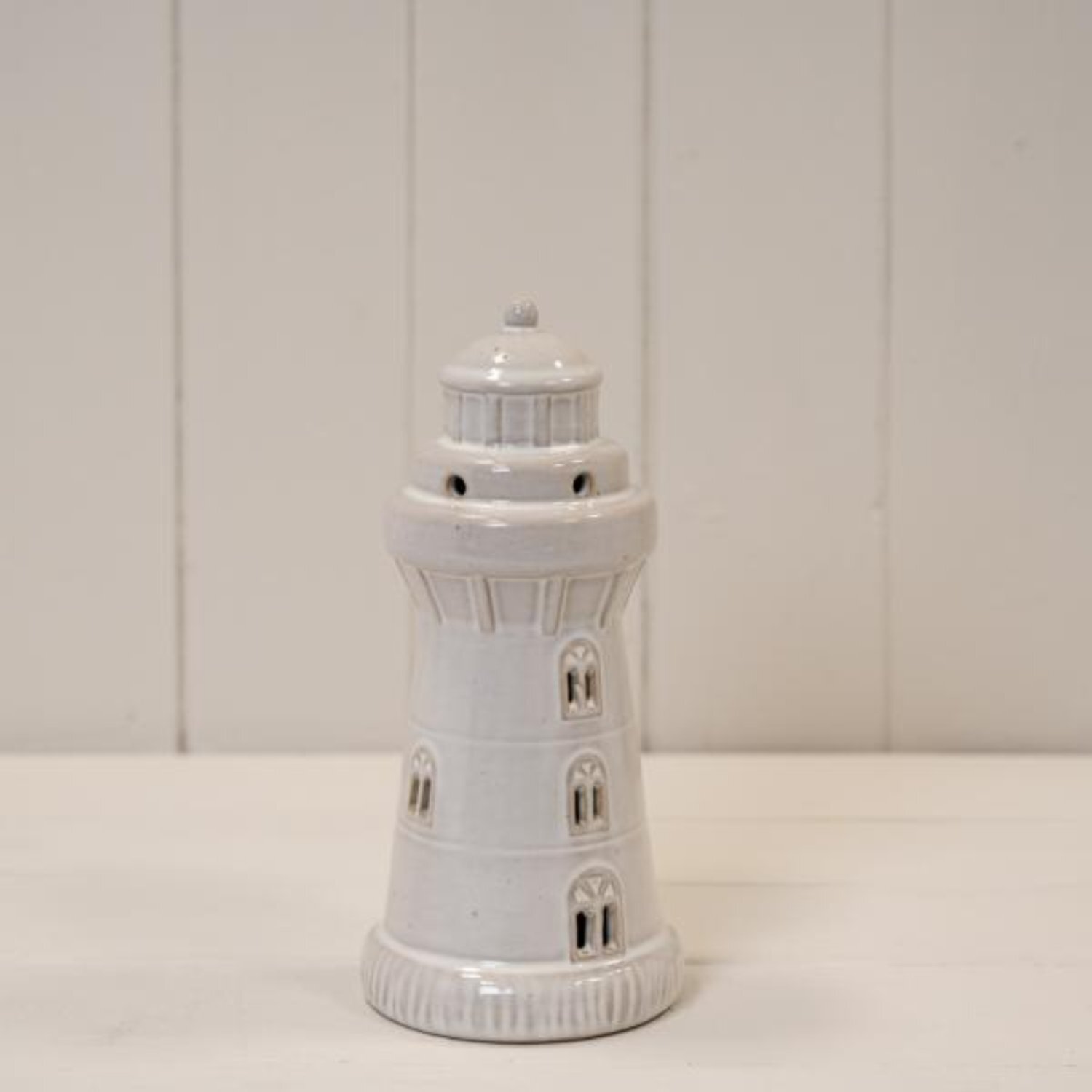- White Glazed Ceramic Lighthouse With Led Ornament With Textured Detail - Image 1