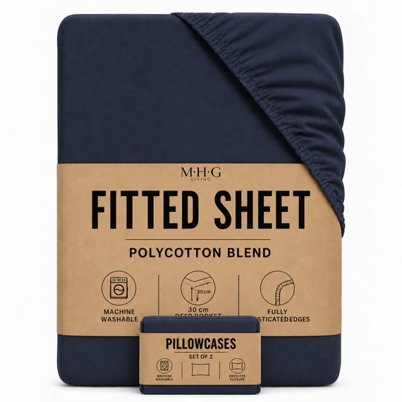 MHG Living Polycotton Fitted Sheet and Pillowcase Set, Cotton Blend, 30cm Deep Pocket