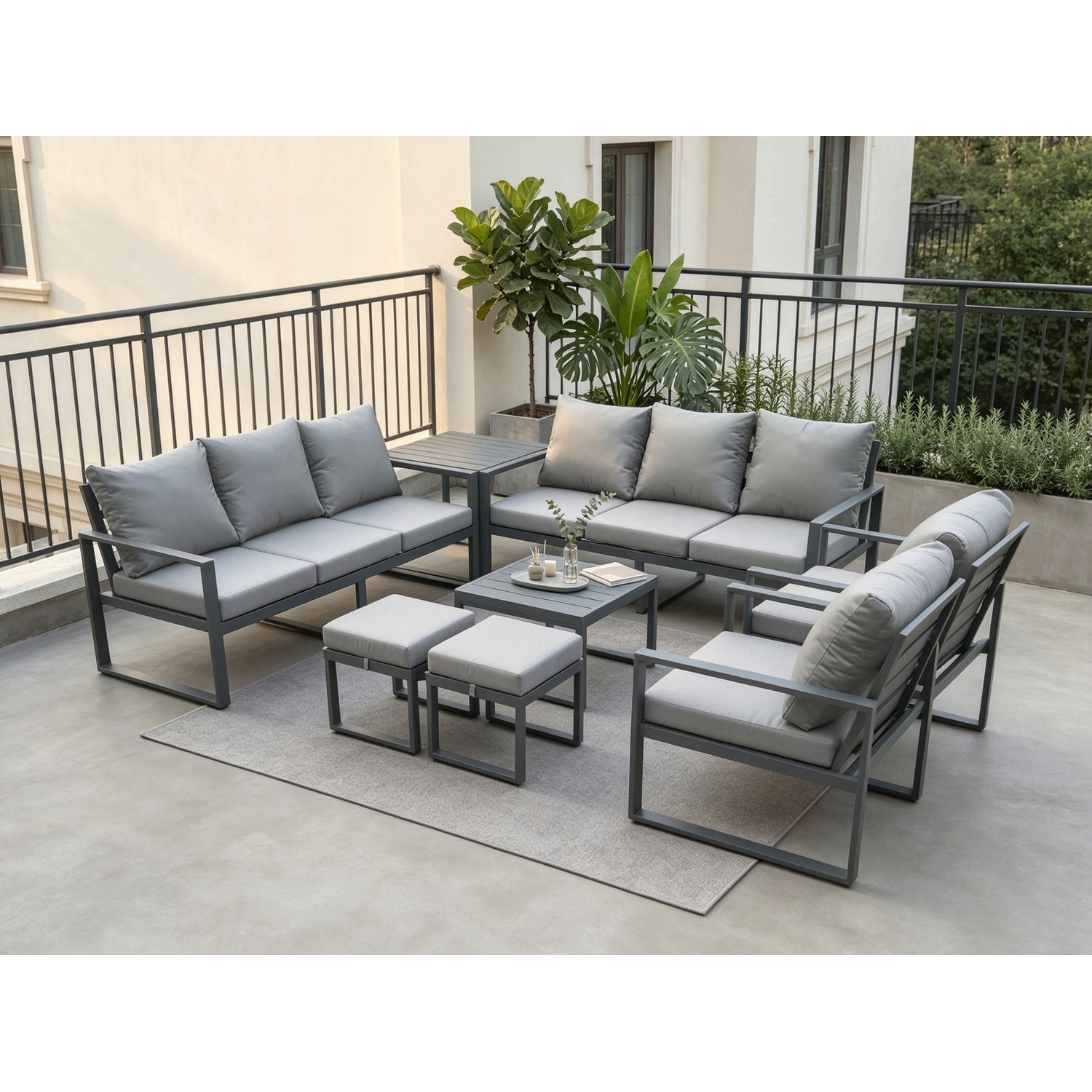 Fimous Aluminium Patio Outdoor Garden Furniture Lounge Sofa Set With Square Coffee Table 2 Chairs 2 Small Footstool Dark Grey - Image 3