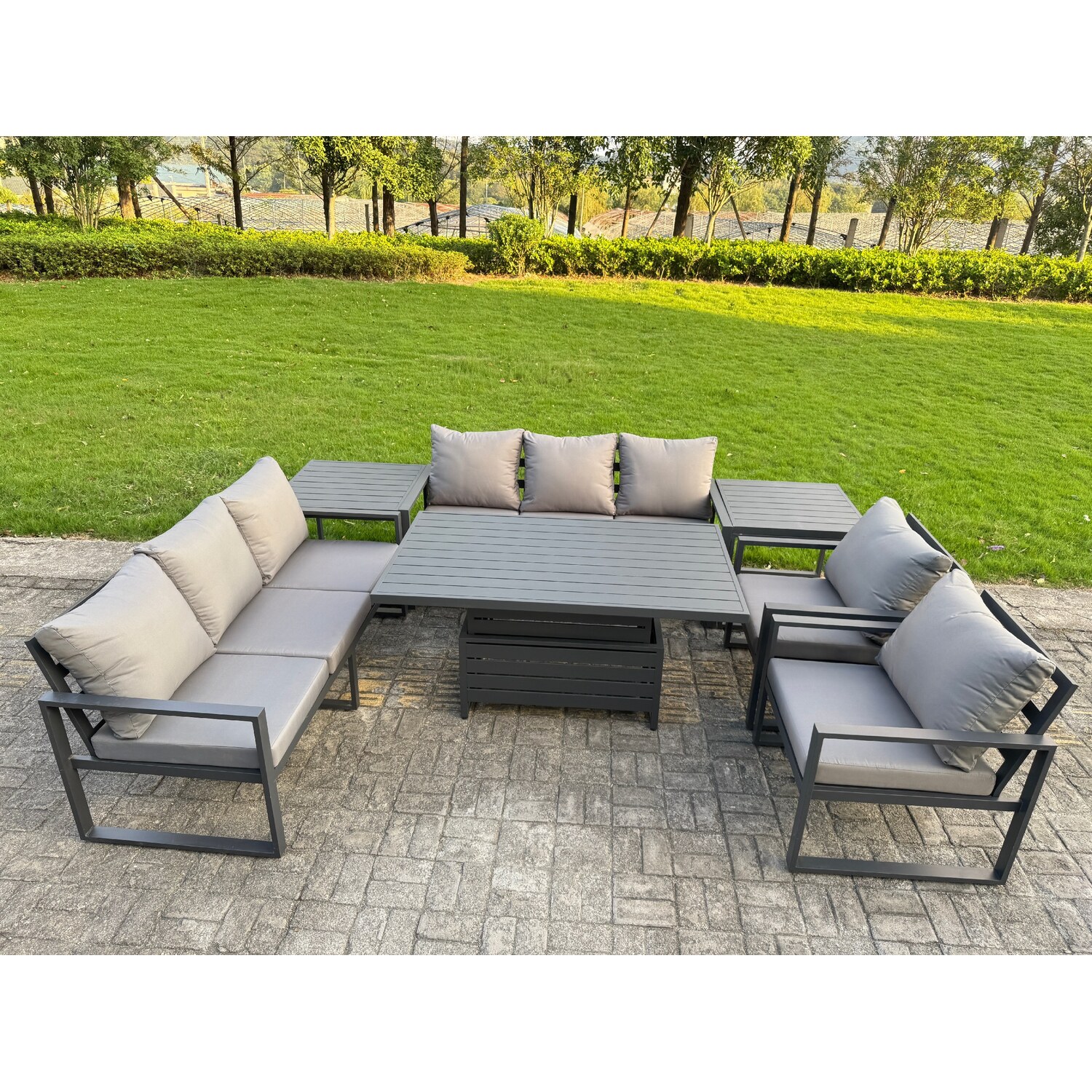 Rackhams Dark/Grey 8 Seater Aluminium Garden Furniture Set With Adjustable Rising Dining Table, 2 Chairs, 2 Side Tables - Image 3